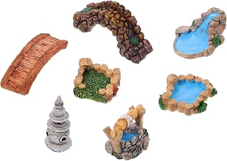 Alasum 7pcs Miniature Resin Retro Bridge Landscape Garden Ornament Set for Micro Gardening Decor Grass and Water Scene