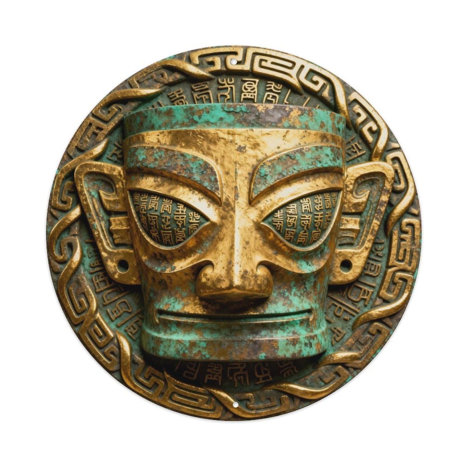 Sanxing Gold Mask Face Ba Shu Rune Metal Tin Sign Plaque