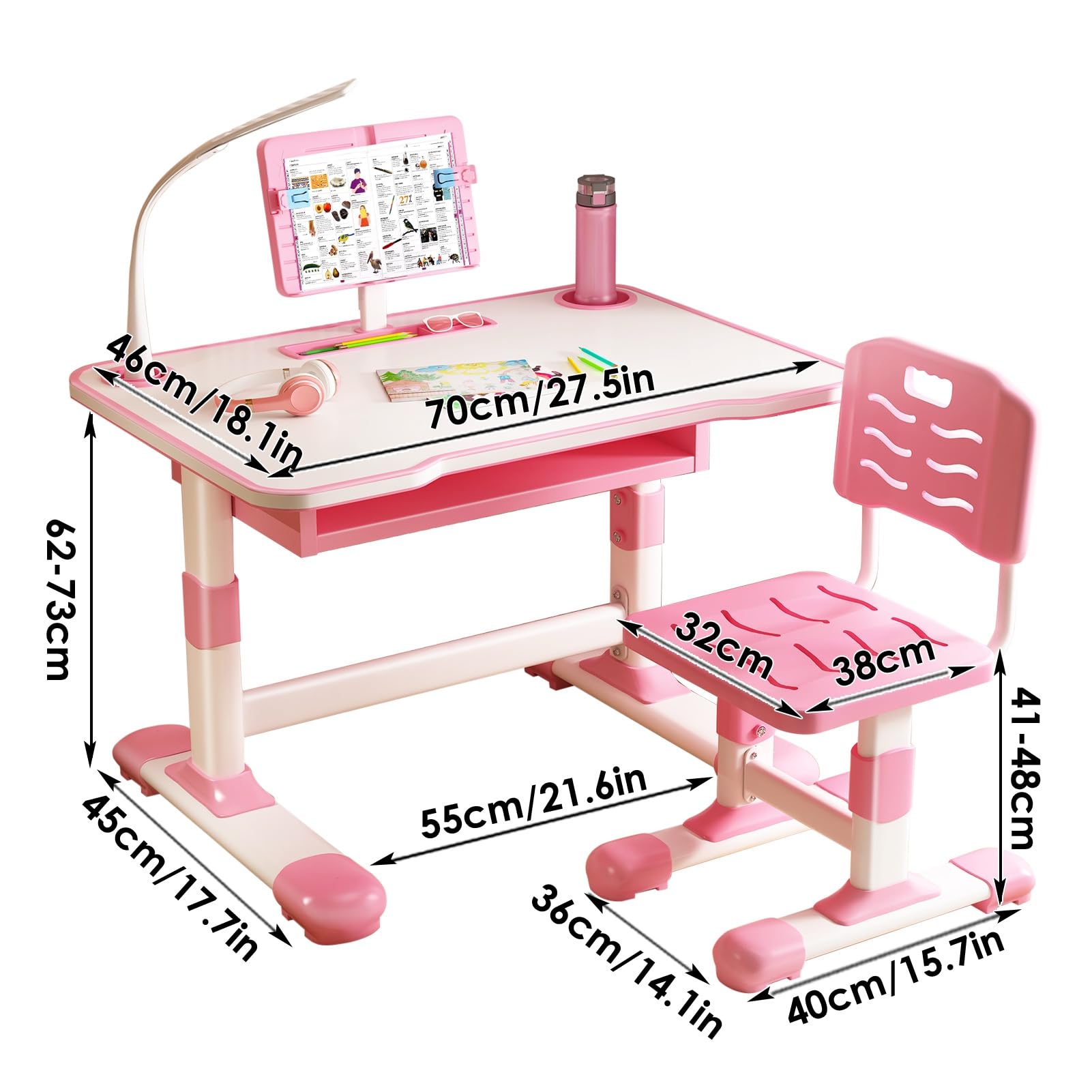 Höhenverstellbarer Schreibtisch und Stuhl für Kinder, höhenverstellbarer Arbeitsschreibtisch mit neigbarem Leseständer, extra breite Schublade, LED-Schreibtischlampe, für Kinder von 3 bis 18
