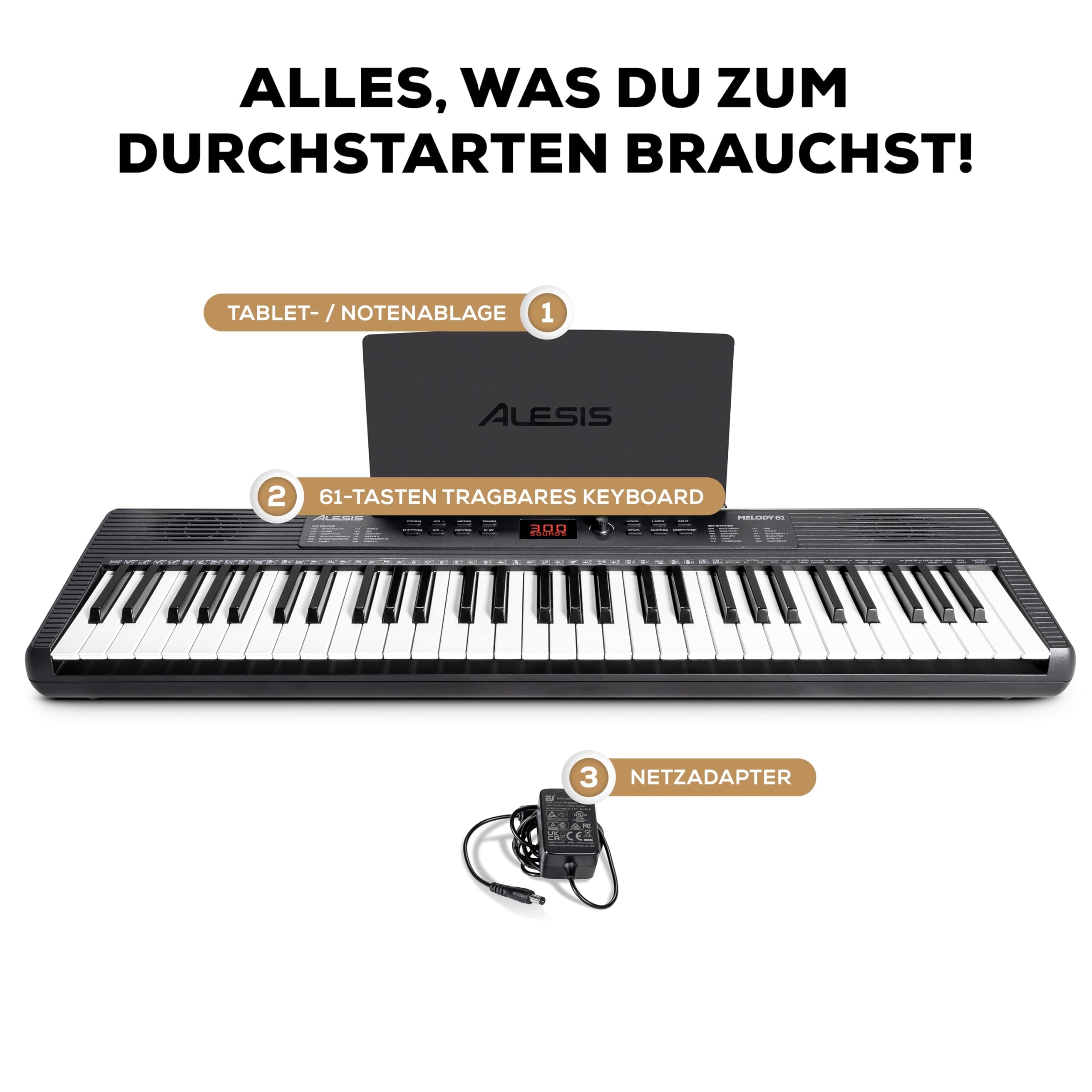 Alesis Melody 61 Keyboard Piano für Einsteiger mit 61 Tasten, Lautsprechern, Tablet-/Notenablage, 300 Sounds und Musiklektionen