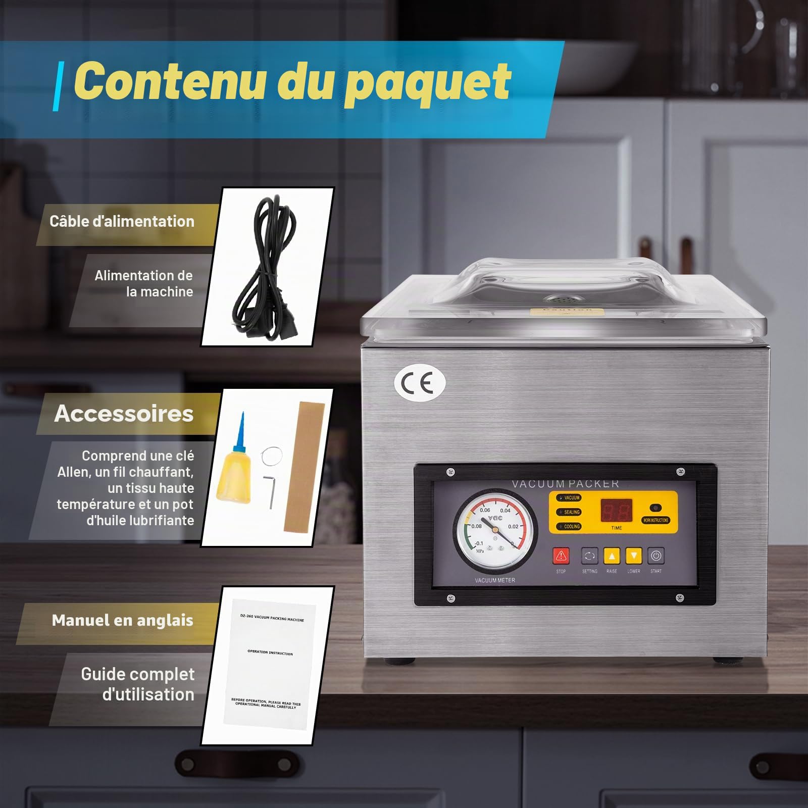 Scelleuse sous vide, scelleuse sous vide pour aliments, scelleuse sous vide industrielle 120W Scelleuse sous vide de table 26cm Scelleuse sous vide Machine sous vide DZ-260C