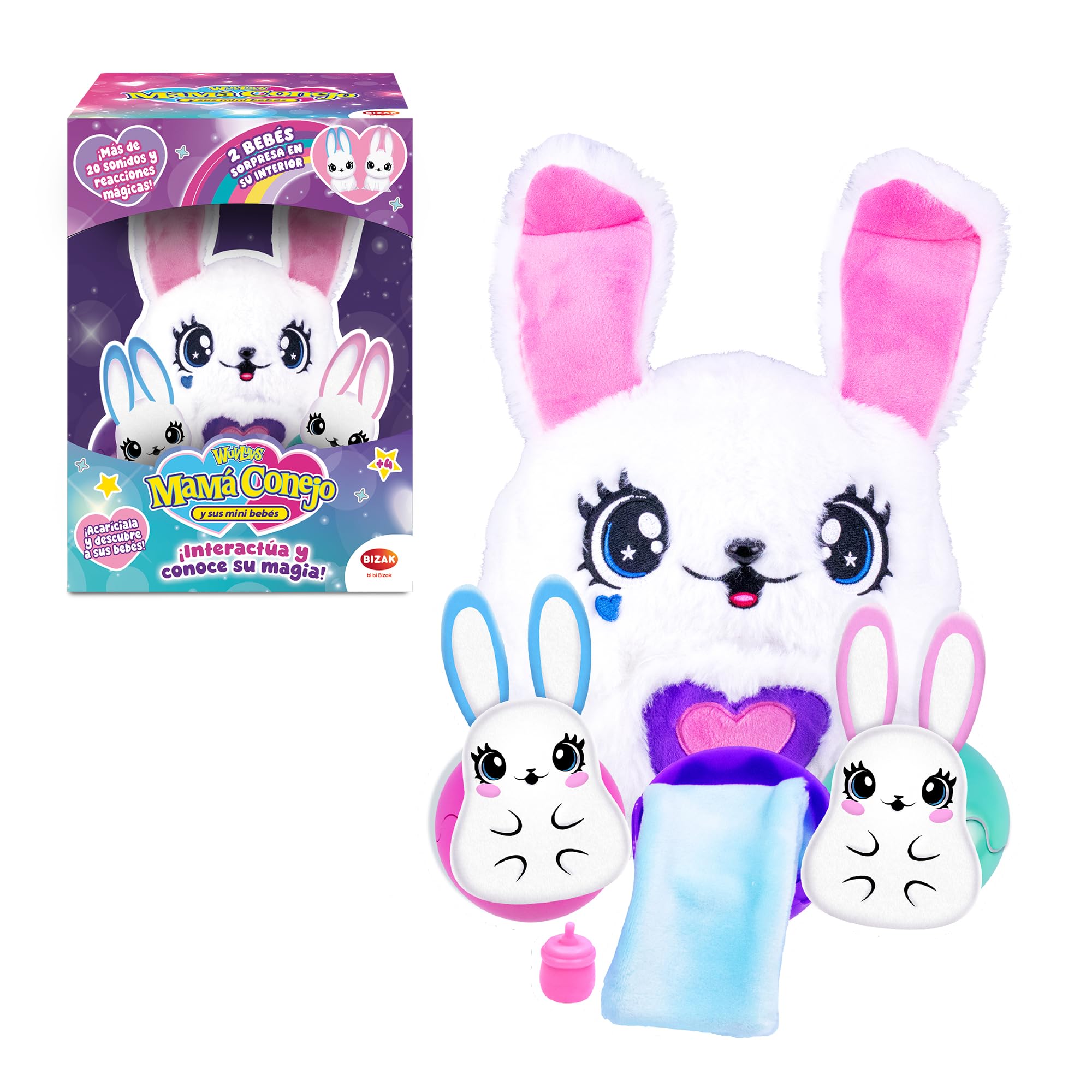Bizak Mamá Conejo y Sus Mini Bebés Sorpresa – Peluche Interactivo con Sonidos y Mini Conejitos, +3 años, (64161001)