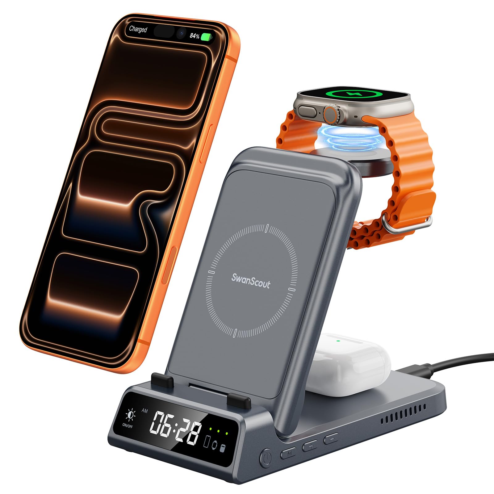 Caricatore Wireless per iPhone Air/17, 3 in 1 Stazione Ricarica per iPhone 16/15/14/13/12/11, per Apple Watch 11/10/Ultra 3/Ultra 2/9/8/7/6/Ultra/SE 3, SwanScout 703A, Nessun Adattatore (Grigio Tech)