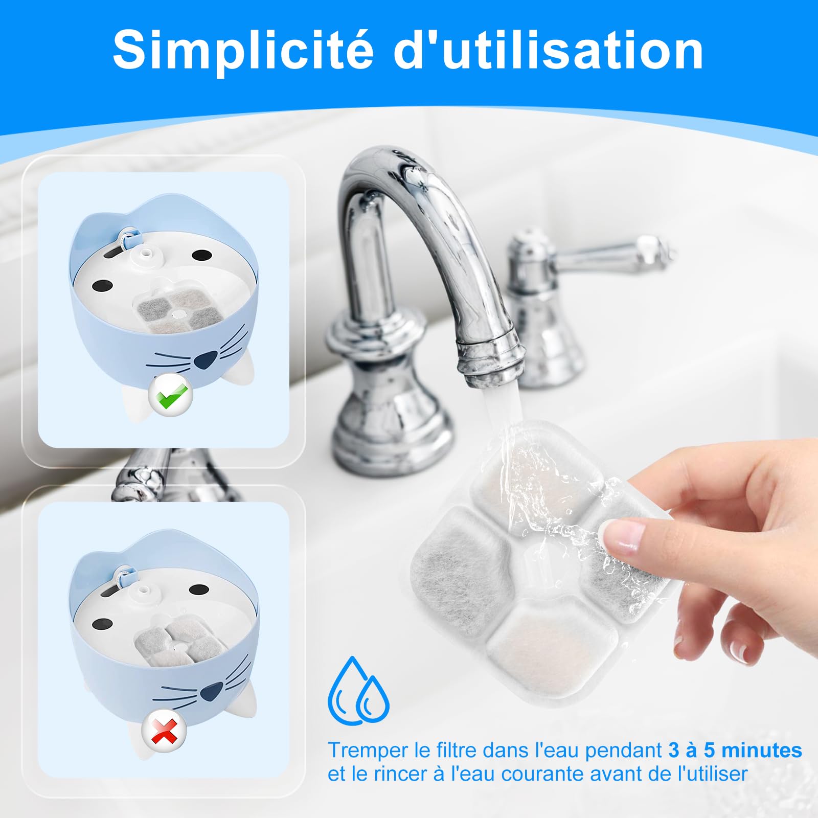 Filtre Fontaine Eau Chat, 3 pièces Filtres De Remplacement Pour Fontaine à Eau Compatible Avec
