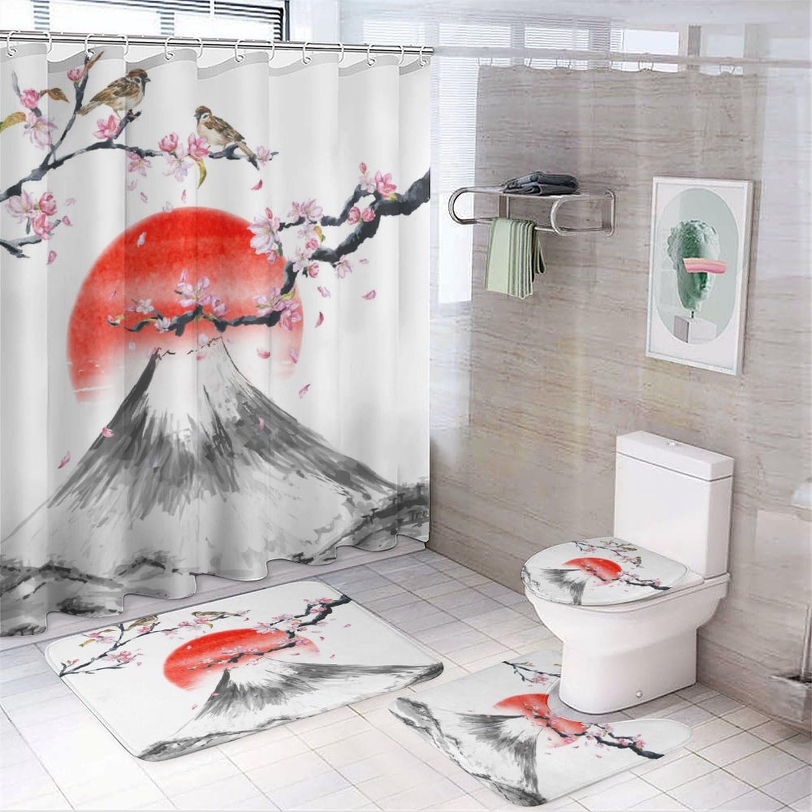 Brebasf Modern Japanese Mount Fuji Florals 4 Pieces Shower Curtain Set, Abstract Spring Japan Cherry Blossom Bird Red Sun Non-Slip Rugs Toilet Lid
