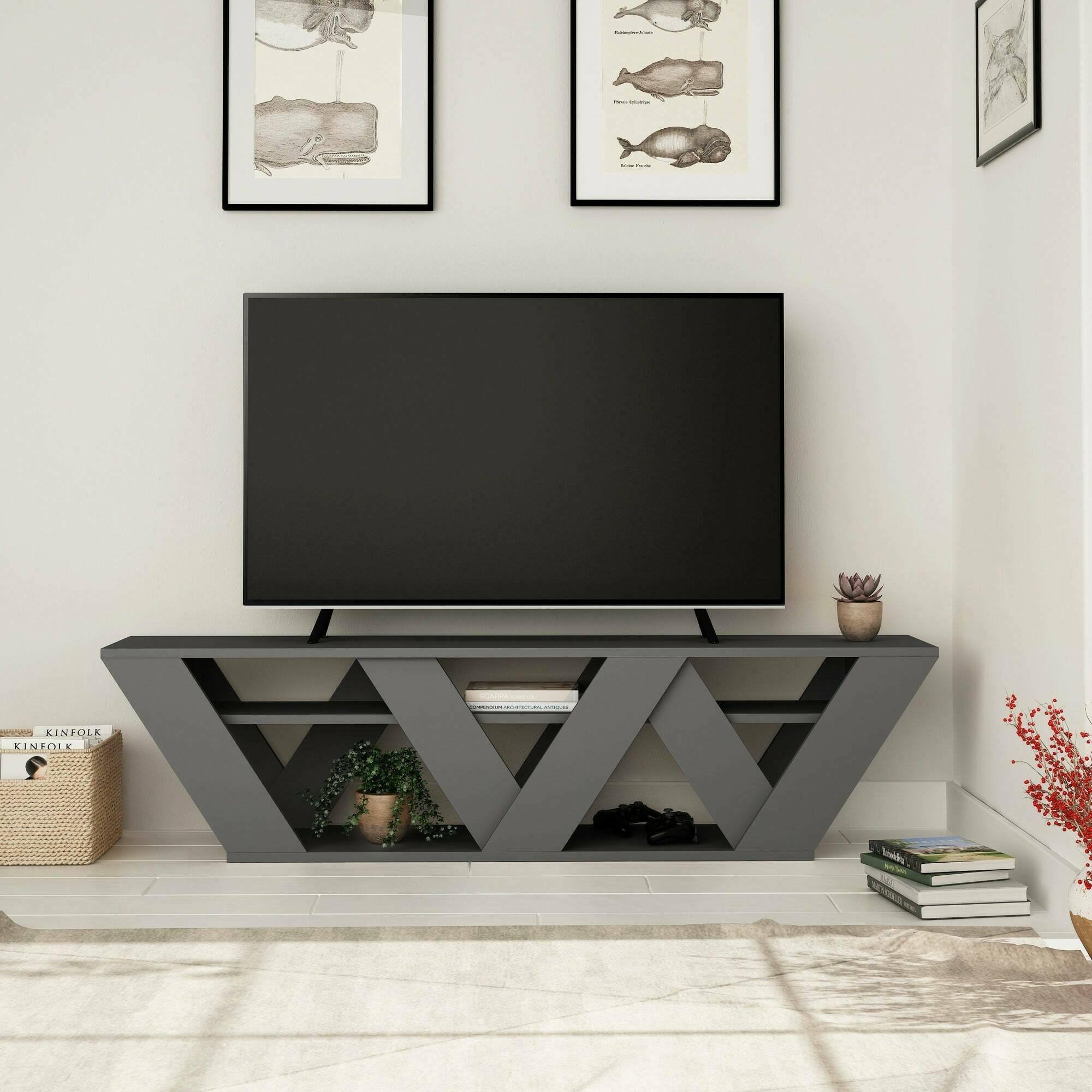 Dmora Alde, Wohnzimmermöbel, niedriger Schrank für TV, Wandbasis, 158 x 30 x 40 cm, Anthrazit
