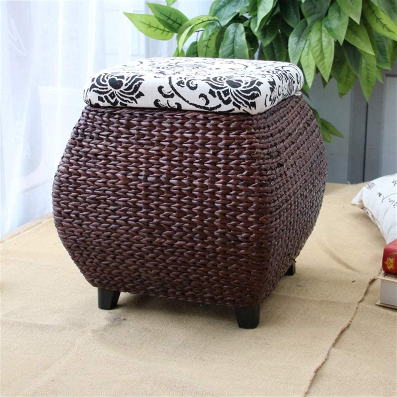 Tabouret de rangement en rotin et bois massif, l'élégance du pouf carré marron