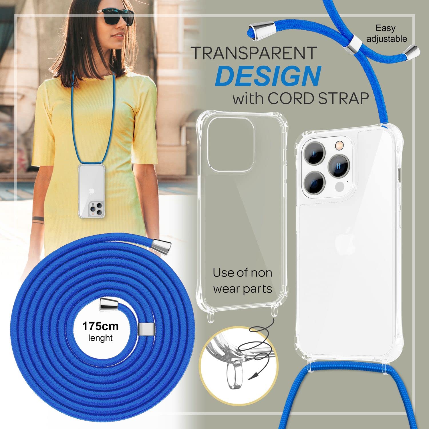 NALIA Necklace Case for iPhone 14 Pro Max, Transparent Hybrid Cover & Strap, HANGIT PRO (Anti-Yellow Back & Adjustable) - Image 3