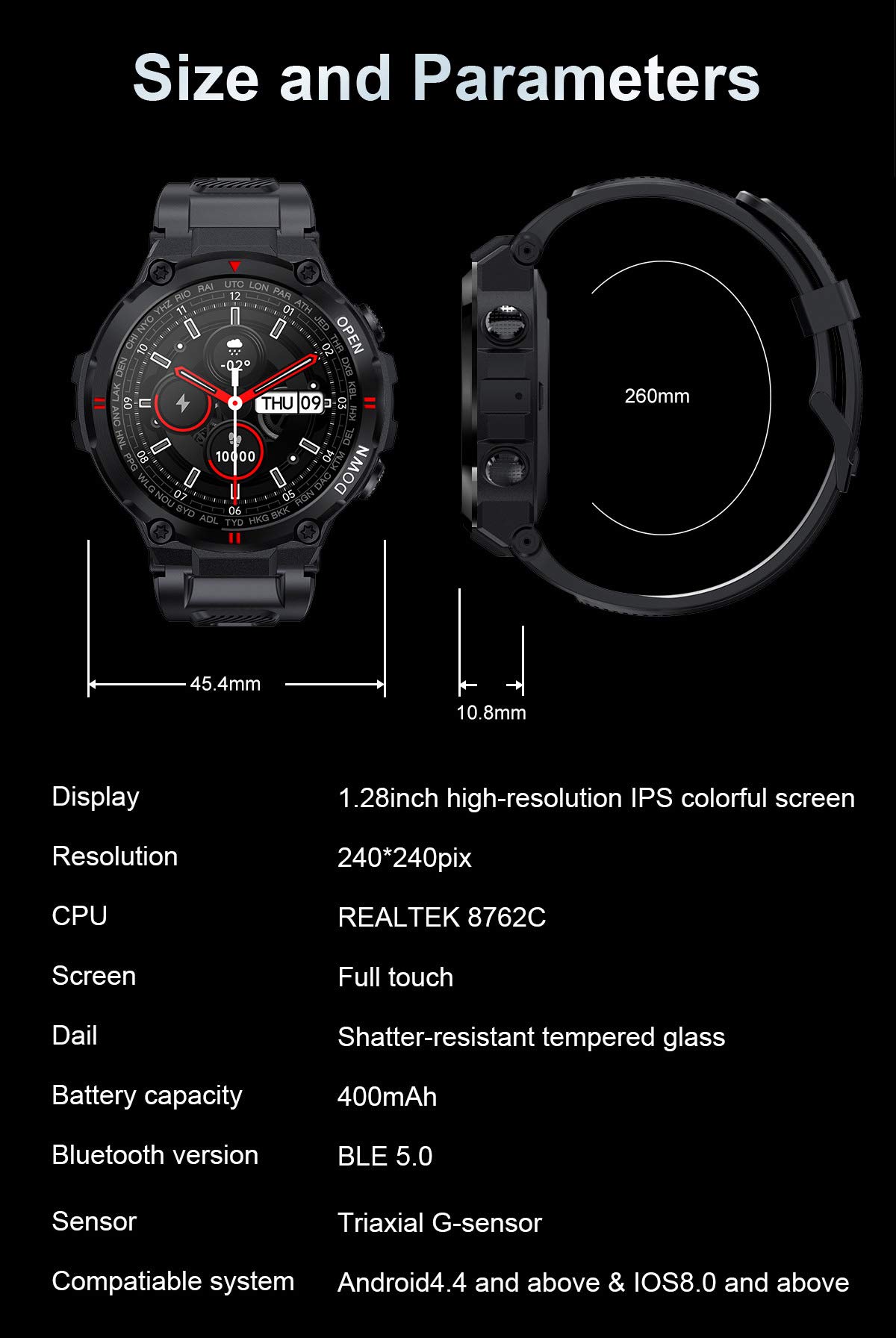 Montre connectée avec suivi de fitness, affichage rond complet de la fréquence cardiaque et de la pression artérielle, Bluetooth - Noir