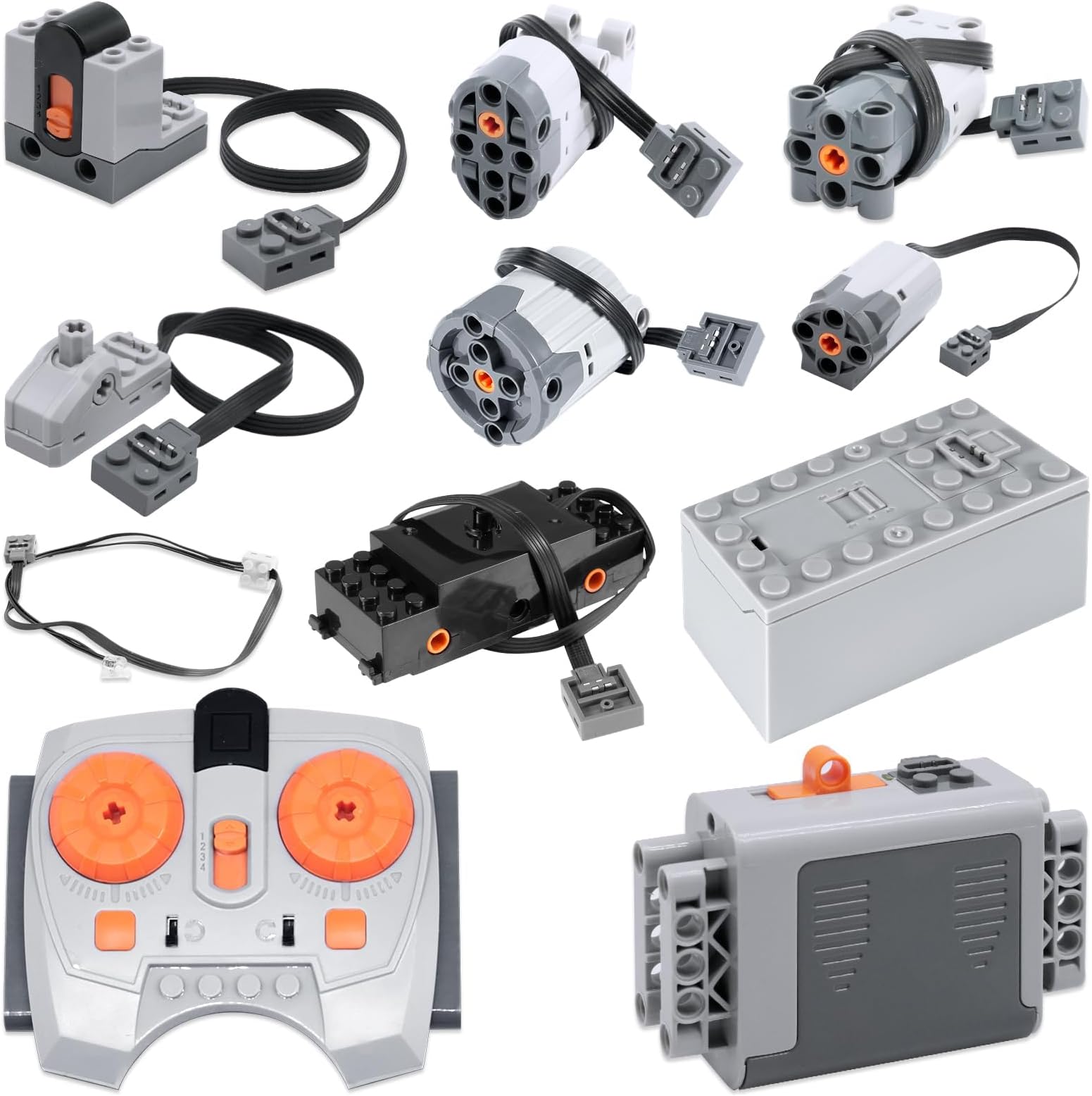 11 Piece Power Functions Toy Motor Set, Servo Motor Power Function Set with M/L/XL/Servo/Train Motor, Battery Box, Remote Control, Receiver, Circuit Breaker Control, Lighting Module, Extender