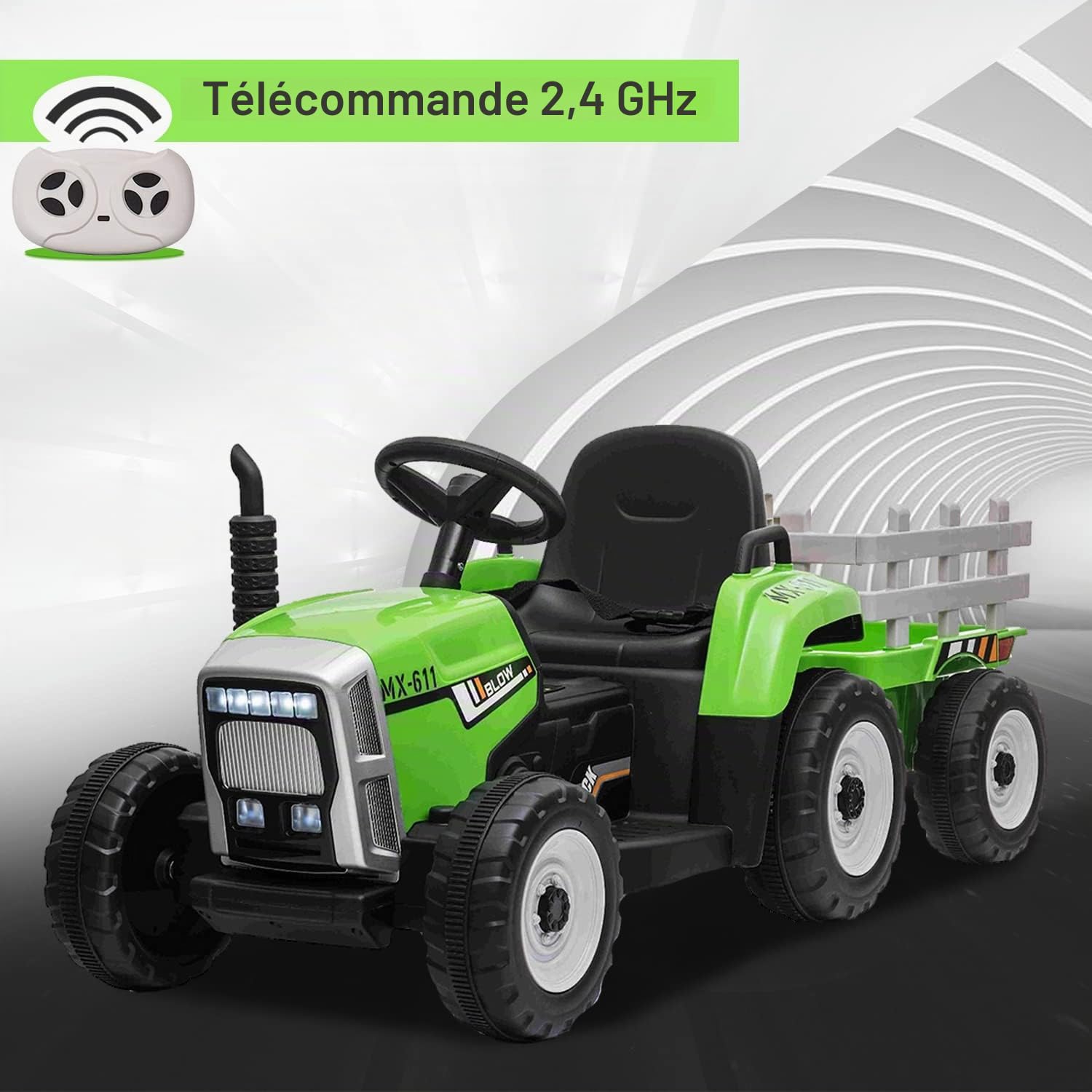 Tracteur électrique Workers avec remorque, Vert, Traction arrière, Batterie au Lithium, Roues Plastique, Large siège, télécommande 2,4 GHz, Lecteur MP3 avec entrée USB + Bluetooth, lumières LED