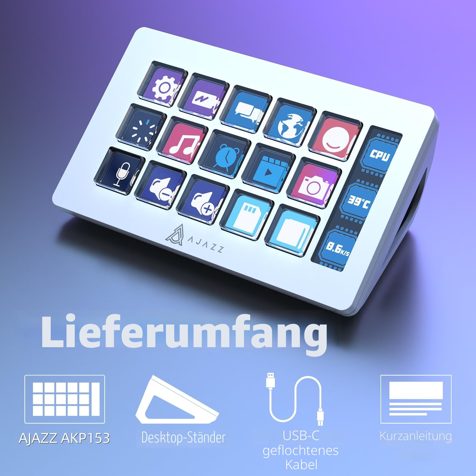 AJAZZ AKP153 Studiodeck, Stream-Controller, 15 Makrotasten, Seitenbildschirm, auslösen von Aktion in Software wie OBS, Twitch, YouTube und mehr, für Content Creators, Streaming, Gaming, Mac/PC, Weiß