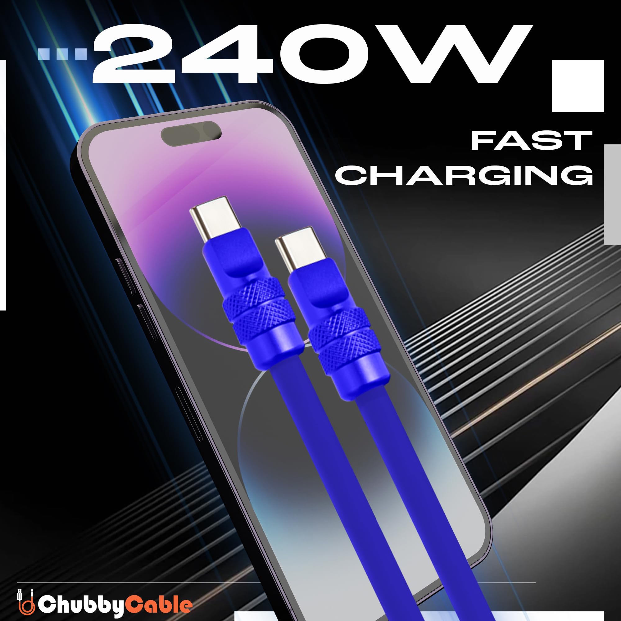 chubbycable Chubby 2.0 versione anodizzata – Cavo USB C da 240 W riflettente brillante cavo di ricarica rapida in silicone, arancione, da tipo C a tipo C, 9,8 m