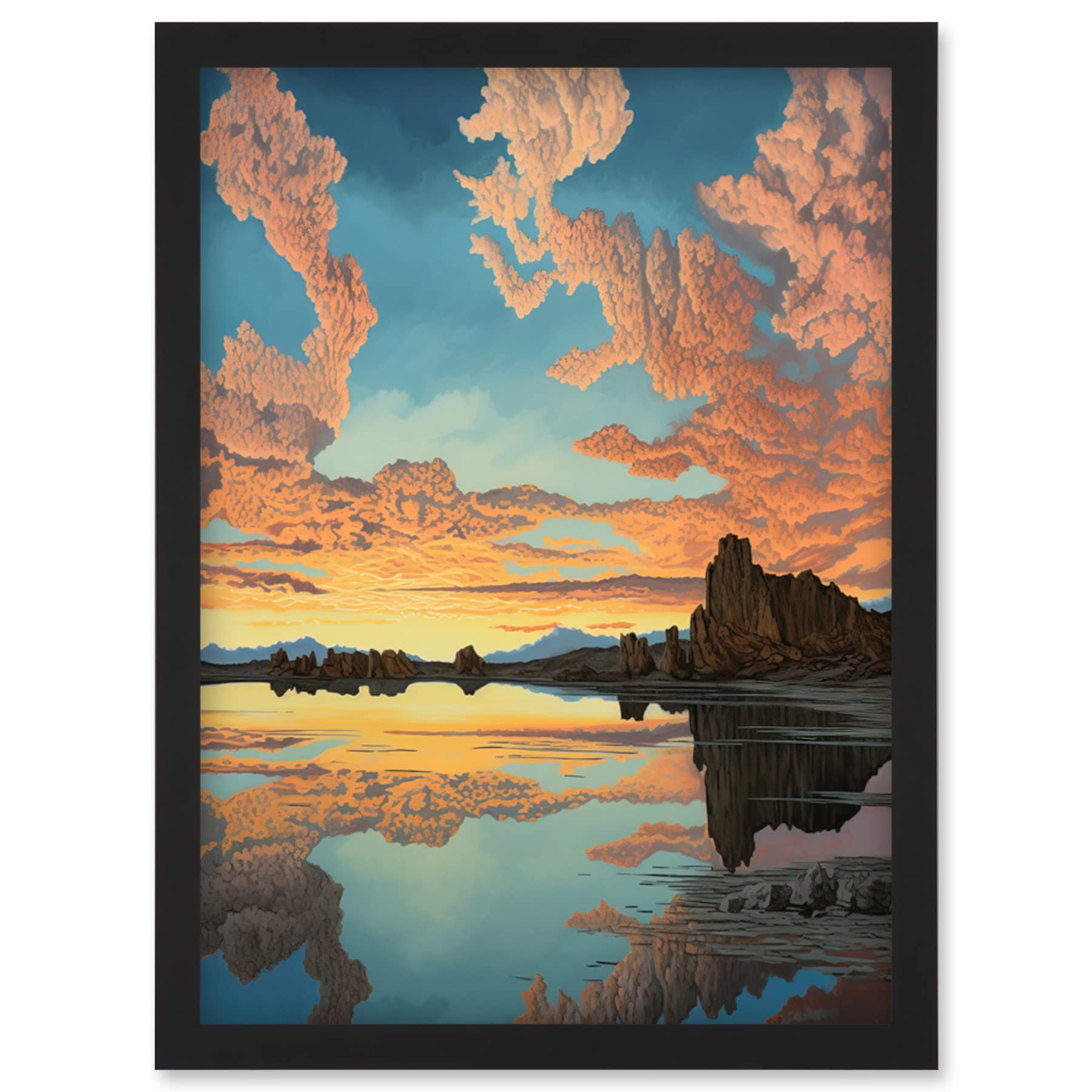 Artery8 Atmospheric Cloud Reflections Early Morning Dawn At Mono Lake Modern Watercolour Painting Wall Art PrintA4 Size from B&Q