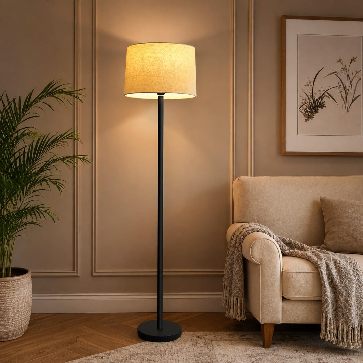 Modern Floor Lamp with Fabric Shade | Tall Standing Lamp for Living Room, Bedroom & Office | Black Metal Floor Light with Warm Ambient Lighting | Minimalist Home Décor Lamp-image-46