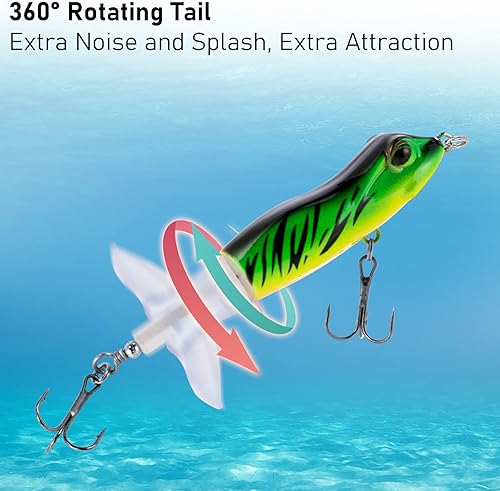 Miniatura 4 de Dr.Fish Paquete de 5 señuelos de pesca de rana Topwater de 3.3 pies realistas 3D de rana flotante, hélice de cebo duro flotante, anzuelos agudos