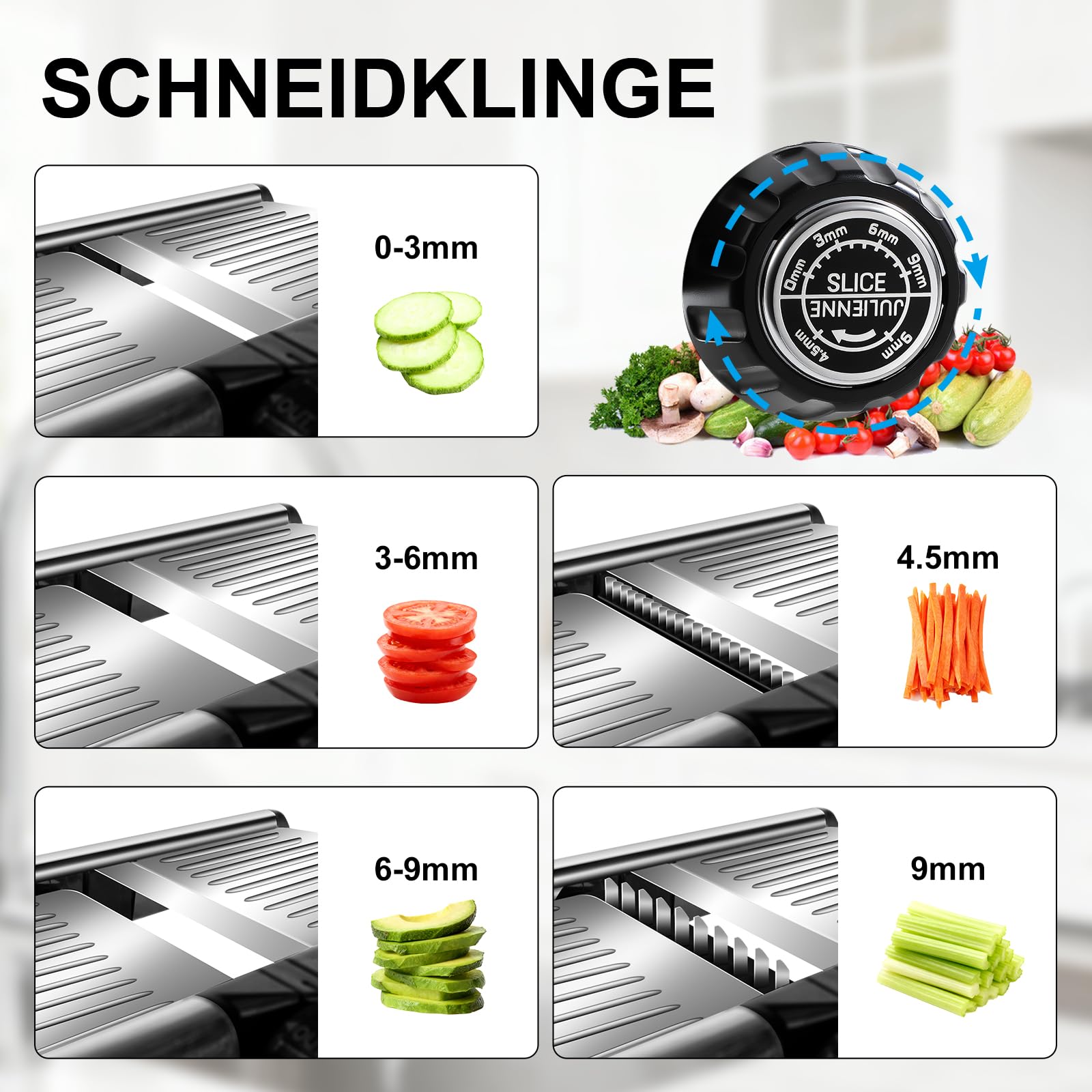 Masthome Verstellbar Edelstahl Gemüsehobel Mandoline, 5-in-1, Schwarz | Multifunktion Gemüseschneider Edelstahl mit Schnittfesten Handschuhen, Reibe für Gemüse für Obst und Gemüse