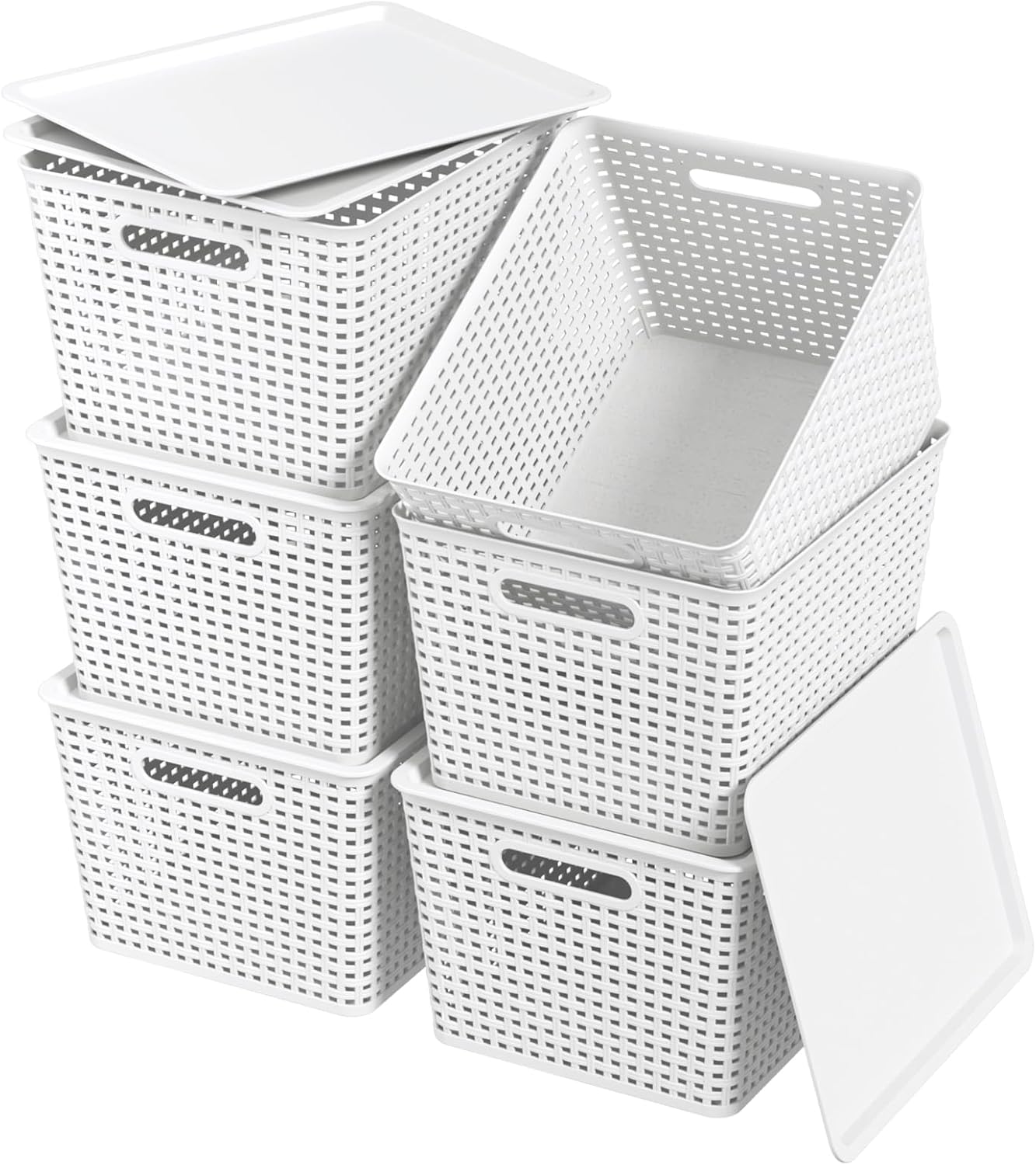 Anbers Plastic Weave Storage Basket with Lid, Black Organizer Baskets, 6-Pack