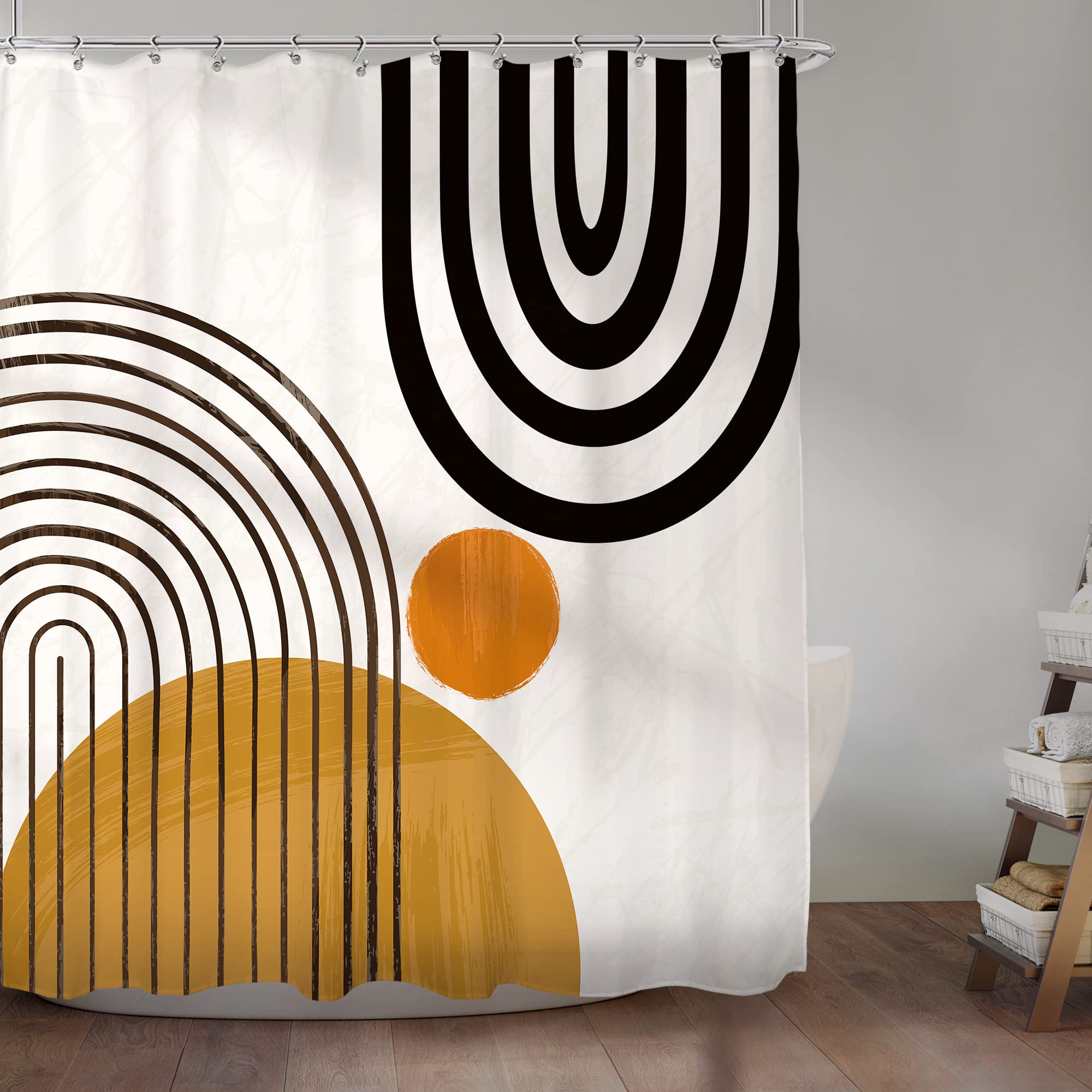 KOMLLEX Boho Shower Curtain Modern Abstract Mid Century Shower Curtain Geometric Cute Sun Minimalist Aesthetic Semicircle Neutral Bath Accessories Fabric Waterproof Polyester 12 Pack Hook 72Wx72H Inch