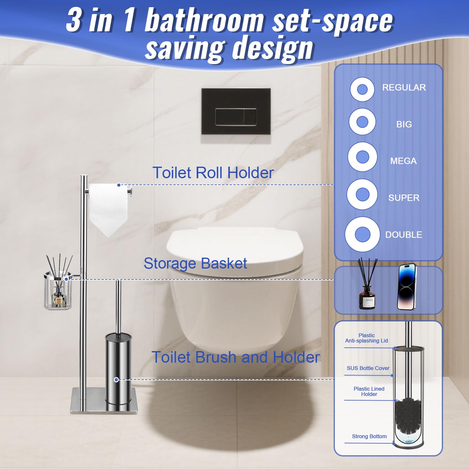 BGL Portarrollos de papel higiénico de pie con escobilla de baño, cromo, soporte para papel higiénico con cesta esquinera