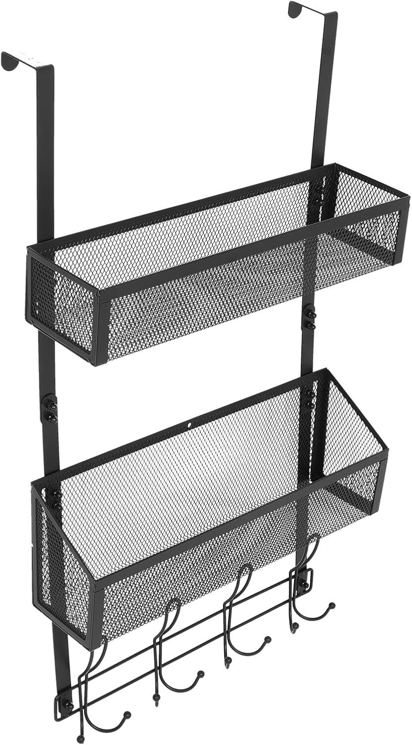 POPETPOP Door Hanging Organizer with Mesh Baskets Double-layer Steel Door Rack Storage Shelf Black for Bathroom Bedroom Kitchen Utility