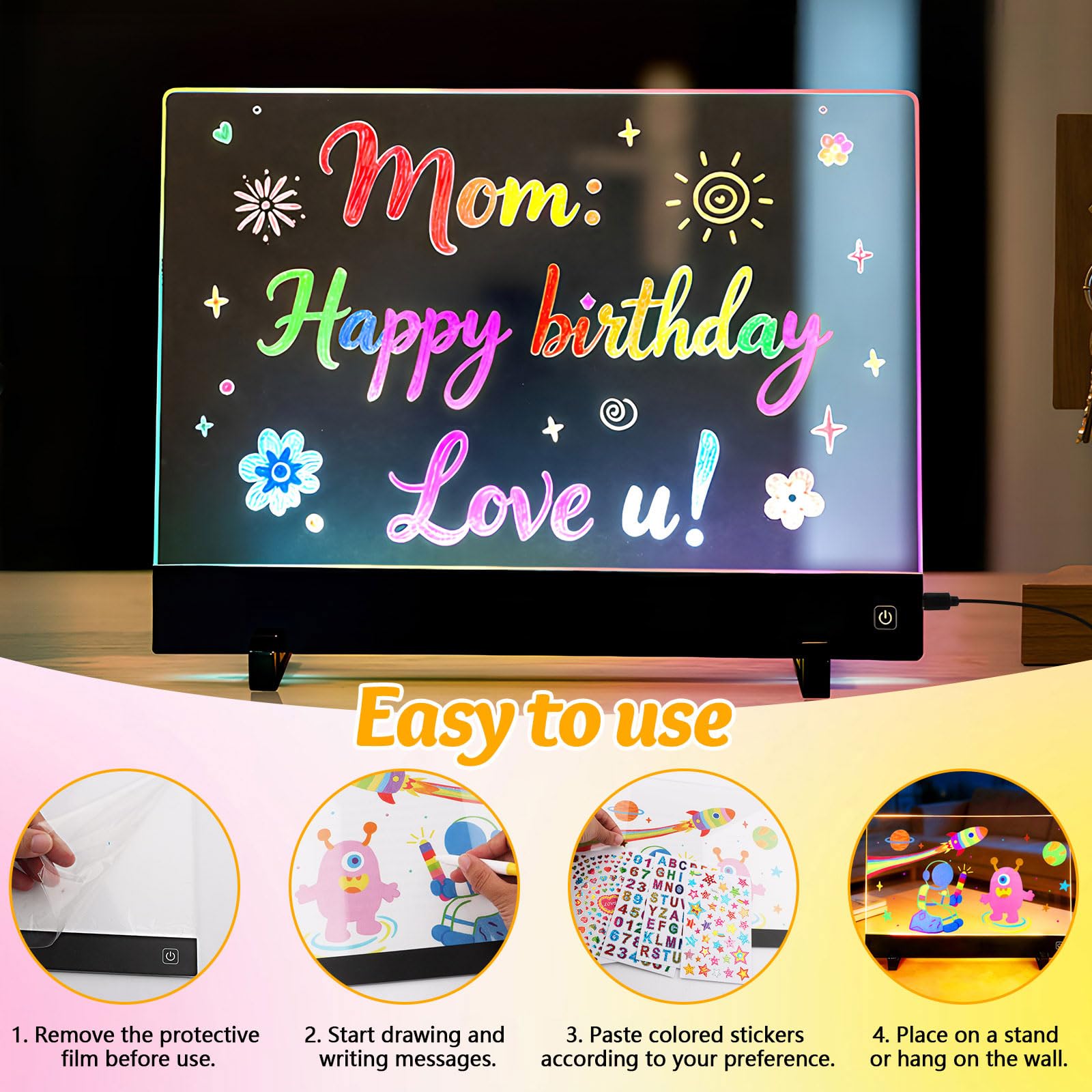 TXErfolg Lavagna da disegno a LED per bambini con 4 effetti di luce, 35 x 26 cm, lavagna acrilica luminosa, lavagna magica a LED con penna a 7 colori, lavagna ricaricabile per messaggi, per ufficio