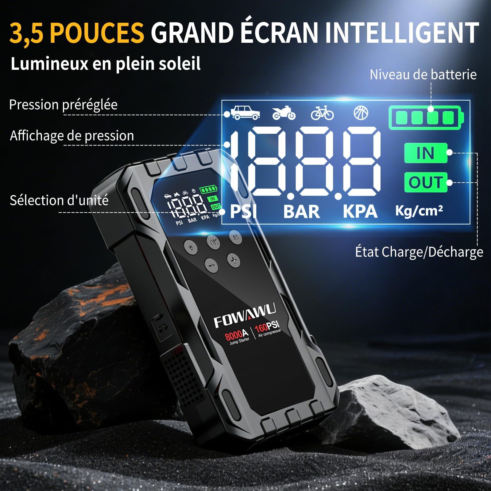 FOWAWU Booster Batterie Voiture avec Gonfleur 10-en-1, Démarreur de Batterie 8000A 26800mAh(All d'essence / 10 L Diesel), Gonfleur Pneus Voiture 160psi Arrêt Automatique, Mode Forcé à Basse Tension