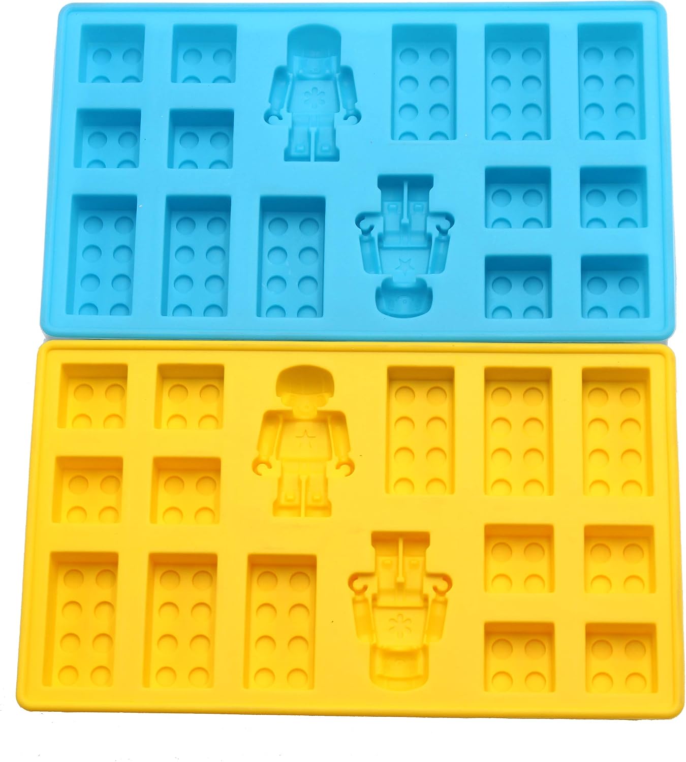 Minifigure Multi Building Bricks Ice Cube Trays & Candy Chocolate Molds for Melted Chocolate & Crayons - Birthday Day or Party Favors - Set of 2, Much Fun for Robot Lovers(Blue & Yellow)