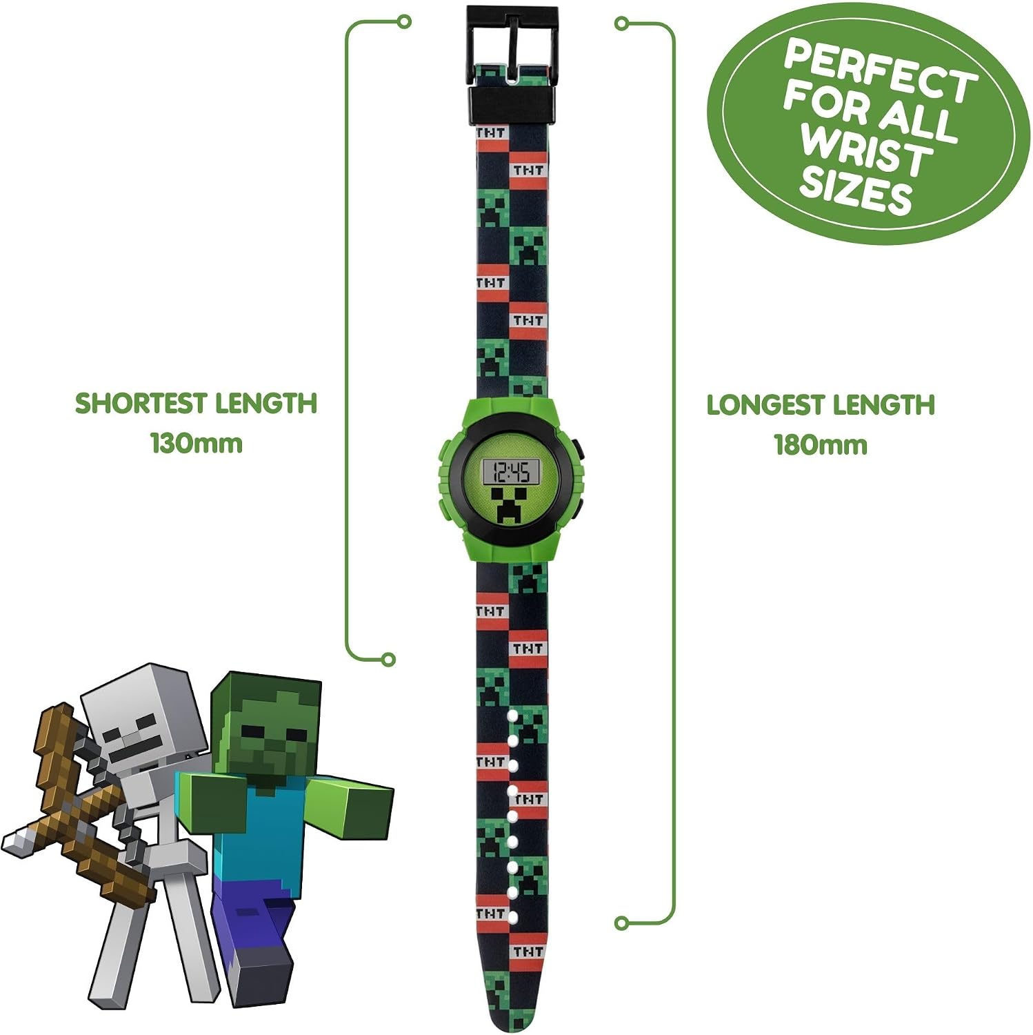 Minecraft Chłopięcy cyfrowy zegarek kwarcowy z plastikowym paskiem MIN4223 AMZ, ZIELONY, pasek