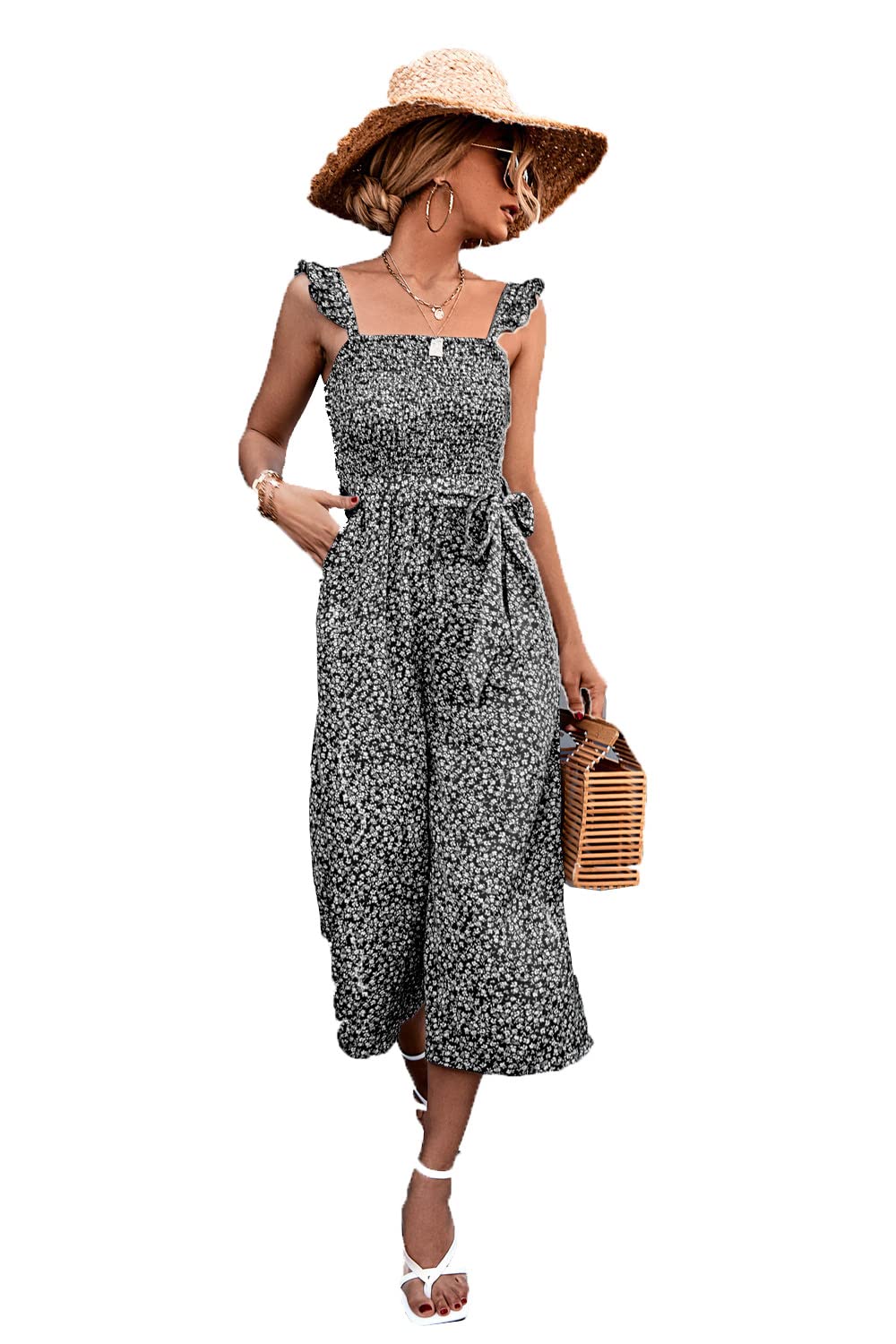 NOMSOCR Women's Summer Casual Floral Print Jumpsuits Straps Waistband Wide Leg Jumpsuits Romper