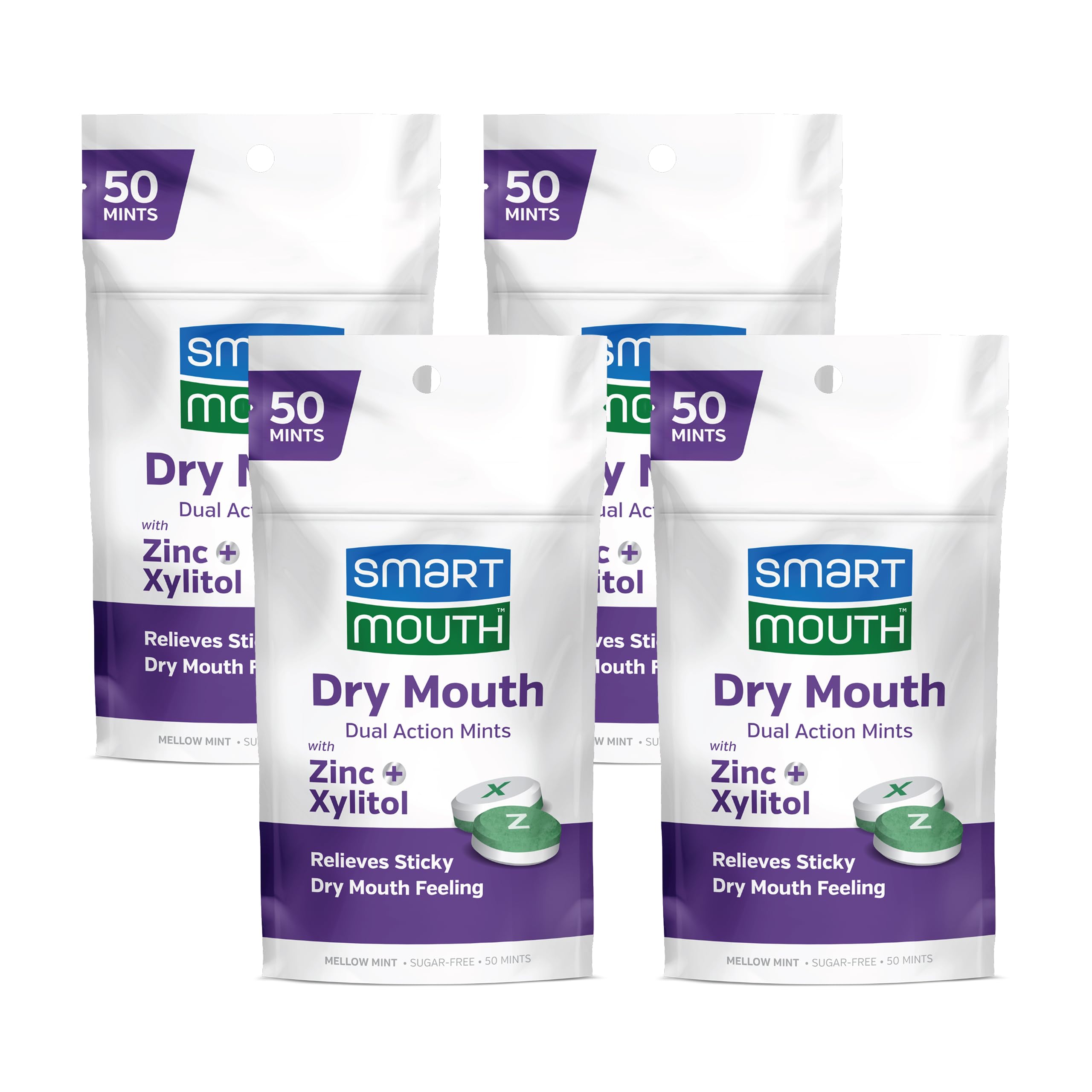 SmartMouthDry Mouth Dual-Action Mints - Sugar-Free - 50 Count, 4 Pack, Mellow Mint