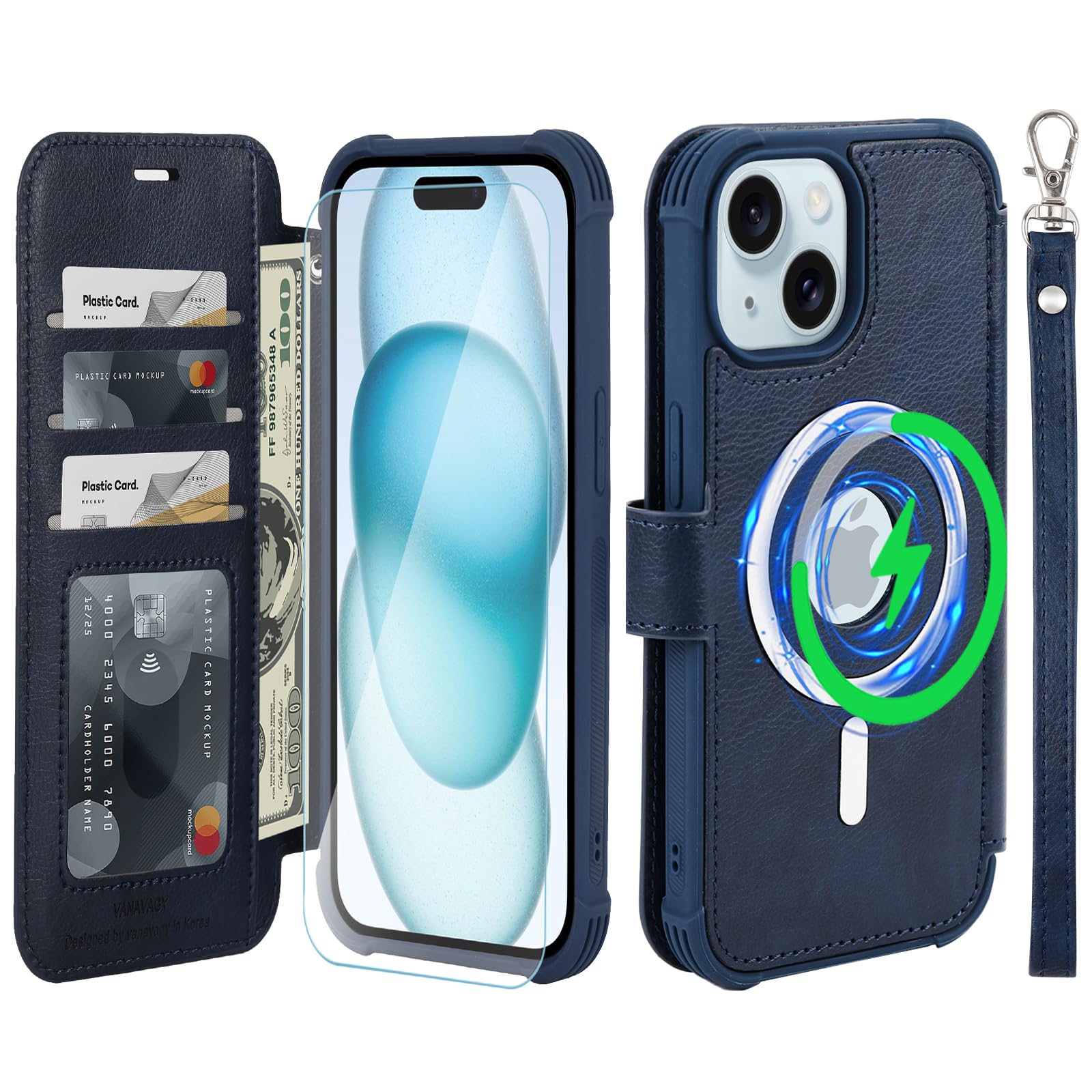 VANAVAGY Compatible for iPhone 15 Plus/14 Plus Wallet Case for Magsafe Wireless Charging, PU Leather Flip Case [Screen Protector & Camera Cover] with