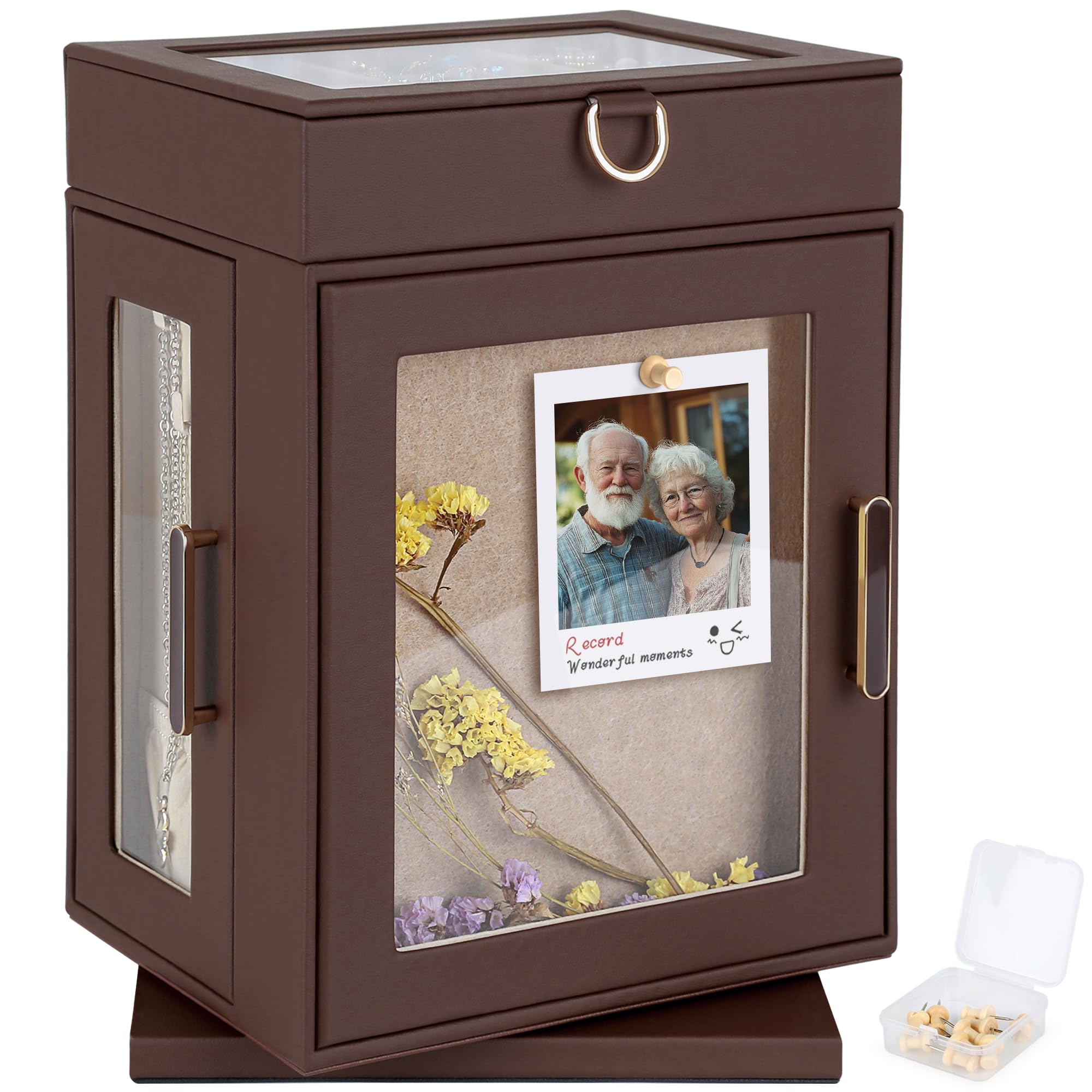 Kendal 360 Rotating Jewelry Box - Brown PU Leather Jewelry Organizer with Shadow Box Pinboard Detachable Top Tray