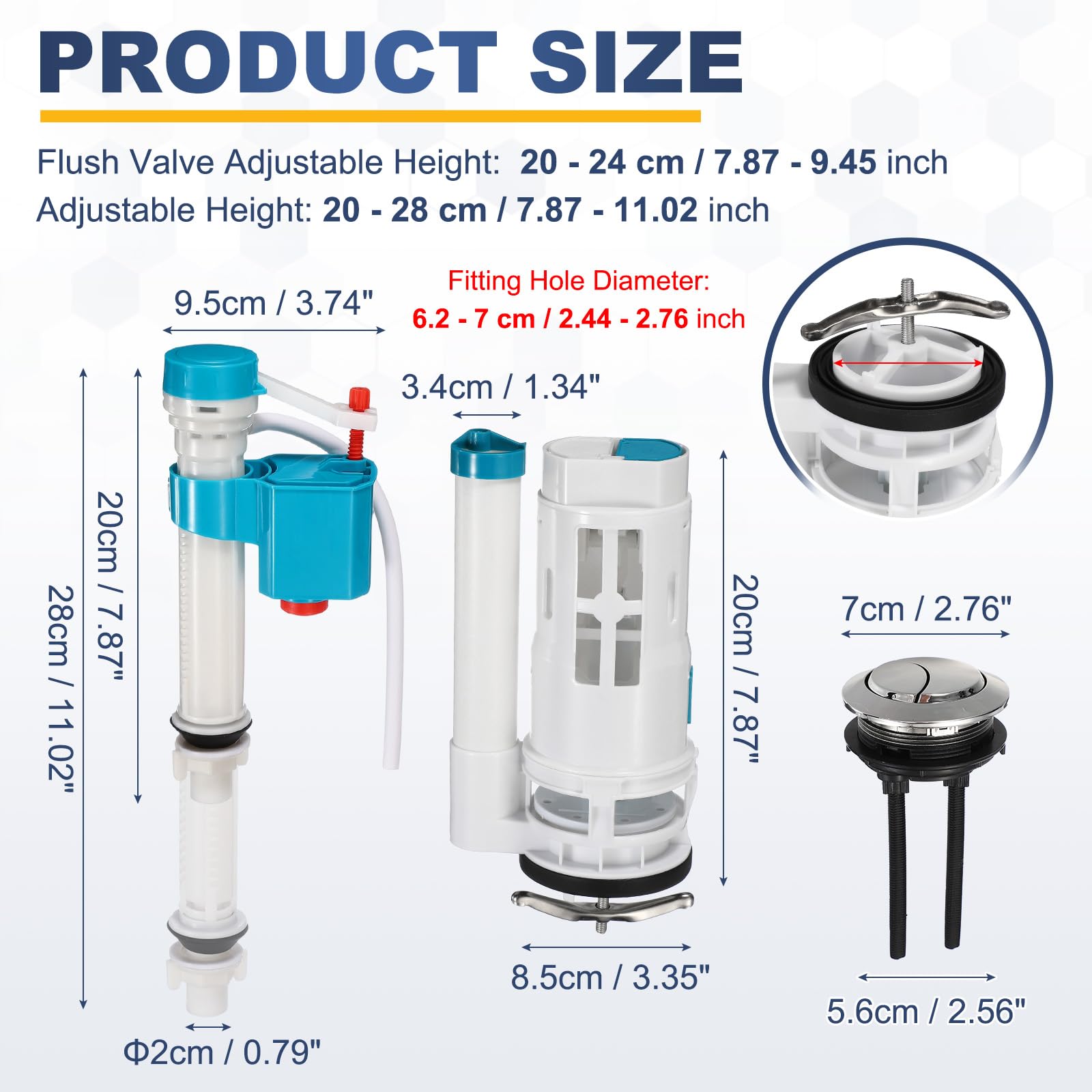 sourcing map Kit de réparation de valve de chasse d'eau double pour toilettes monobloc, comprend une valve de chasse d'eau de 7,6 cm, un bouton poussoir de filetage de 5,6 cm, une valve de remplissage