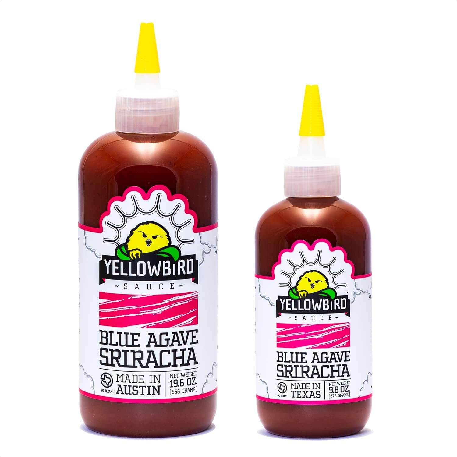 Blue Agave Sriracha Hot Sauce Bundle by Yellowbird - Includes 1x Large Bottle(19.6oz) and 1x Small Bottle(9.8oz) - Plant-Based, Gluten Free, Non-GMO - Homegrown in Austin (2-pack)