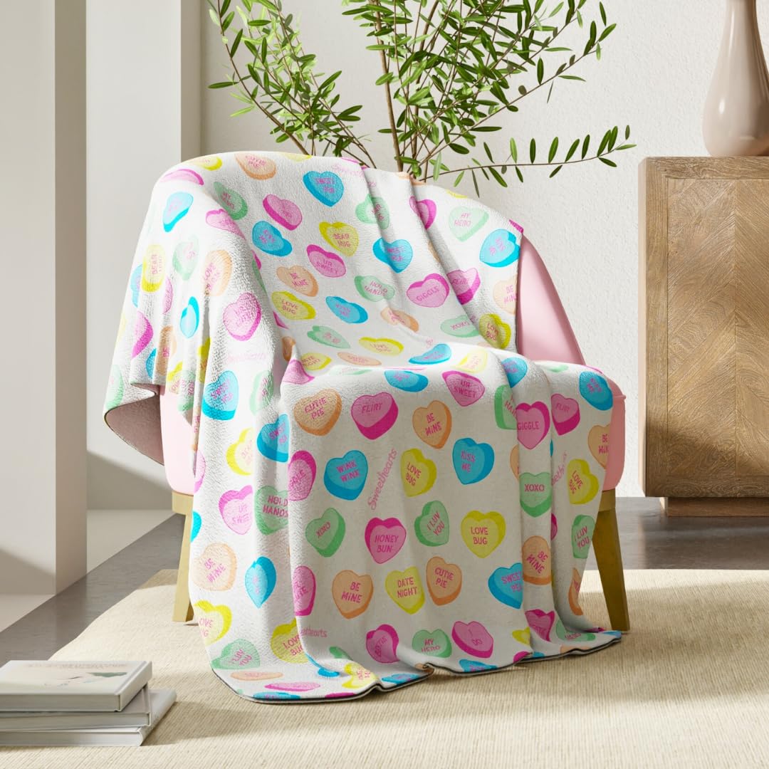 Sweethearts Candy Hearts Bedding Super Soft Plush Cozy Throw Blanket, 50 in x 70 in, (Officially Licensed Product) by Franco Collectibles