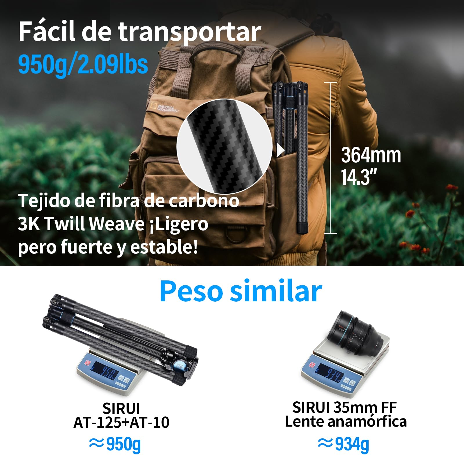 SIRUI Carbono Trípode para Cámara Traveler X, 152cm Trípode de Viaje Ligero con Vídeo Panorámico de Cabezal Fluido AT-10, para Videocámara, DSLR, Carga Máxima 5KG