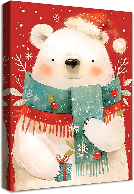 Christmas Canvas Pictures with Frame Polar Bear with Scarf Wall