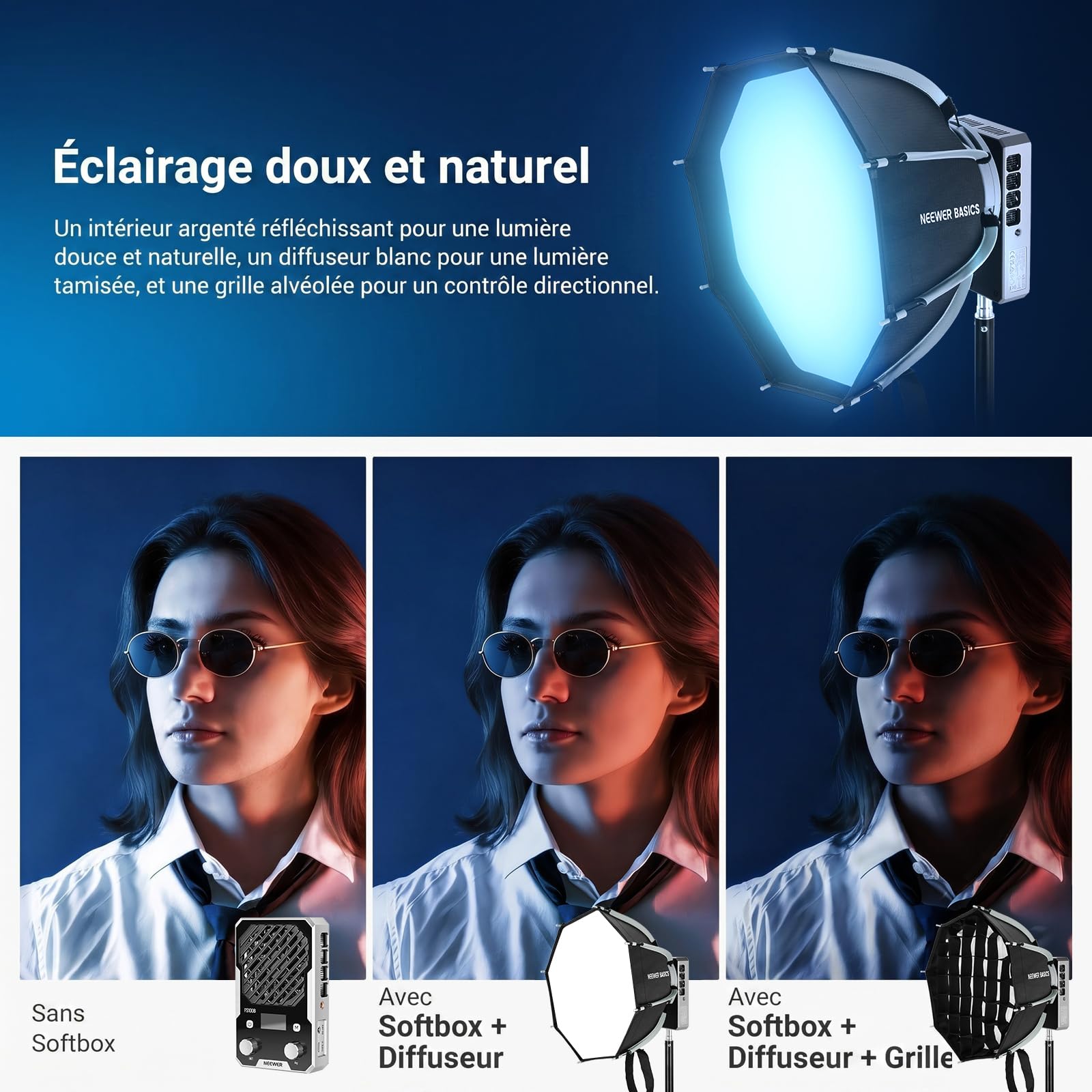 NEEWER BASICS Softbox Octogonal 12"avec support Mini (non Bowens), Kit Boîte Lumière Parabolique Mini Octabox avec diffuseurs&grille pour lumière LED FS/HB/HS,Photo Studio Enregistrement Vidéo NS68P