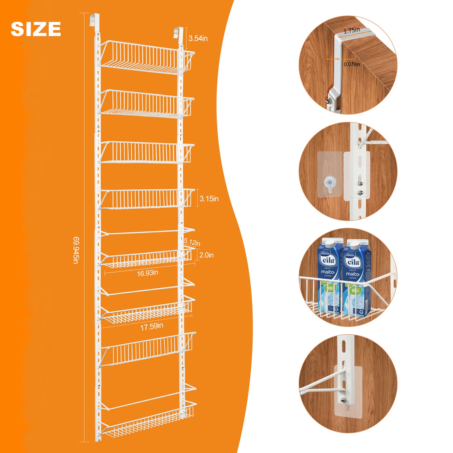 CiWiVOKi Over The Door Pantry Organizer With 8 Adjustable Shelves - Steel Metal Wire Baskets,Closet Organizer Hanging Spice Space Saver,17.6"W×69.9"H Pantry Door Organizer,Fridge Spice Rack Organizer