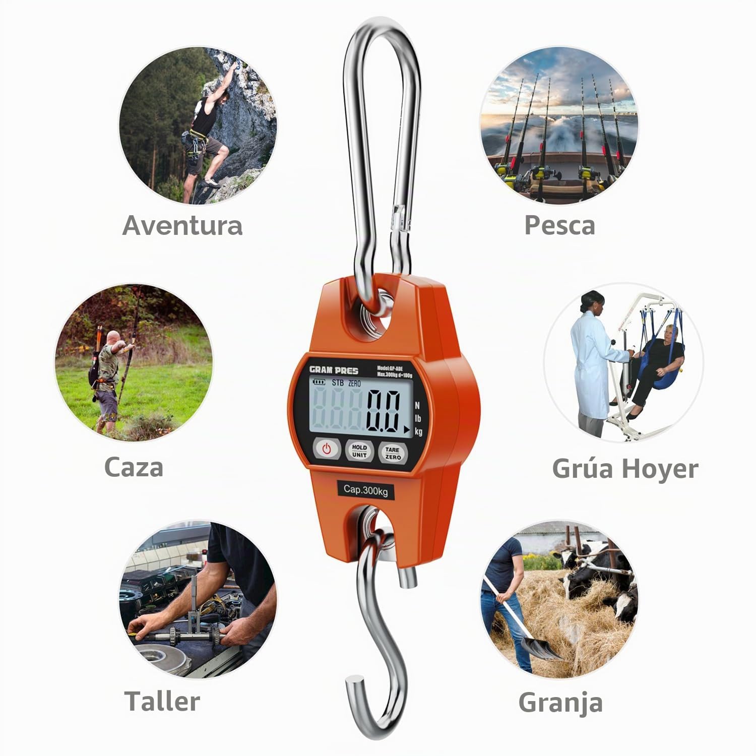 GRAM PRES Báscula colgante digital, mini báscula de grúa 300KG/100g, báscula para caza de ciervos, báscula digital con gancho para granja, pescado, equipaje, actividades al aire libre.