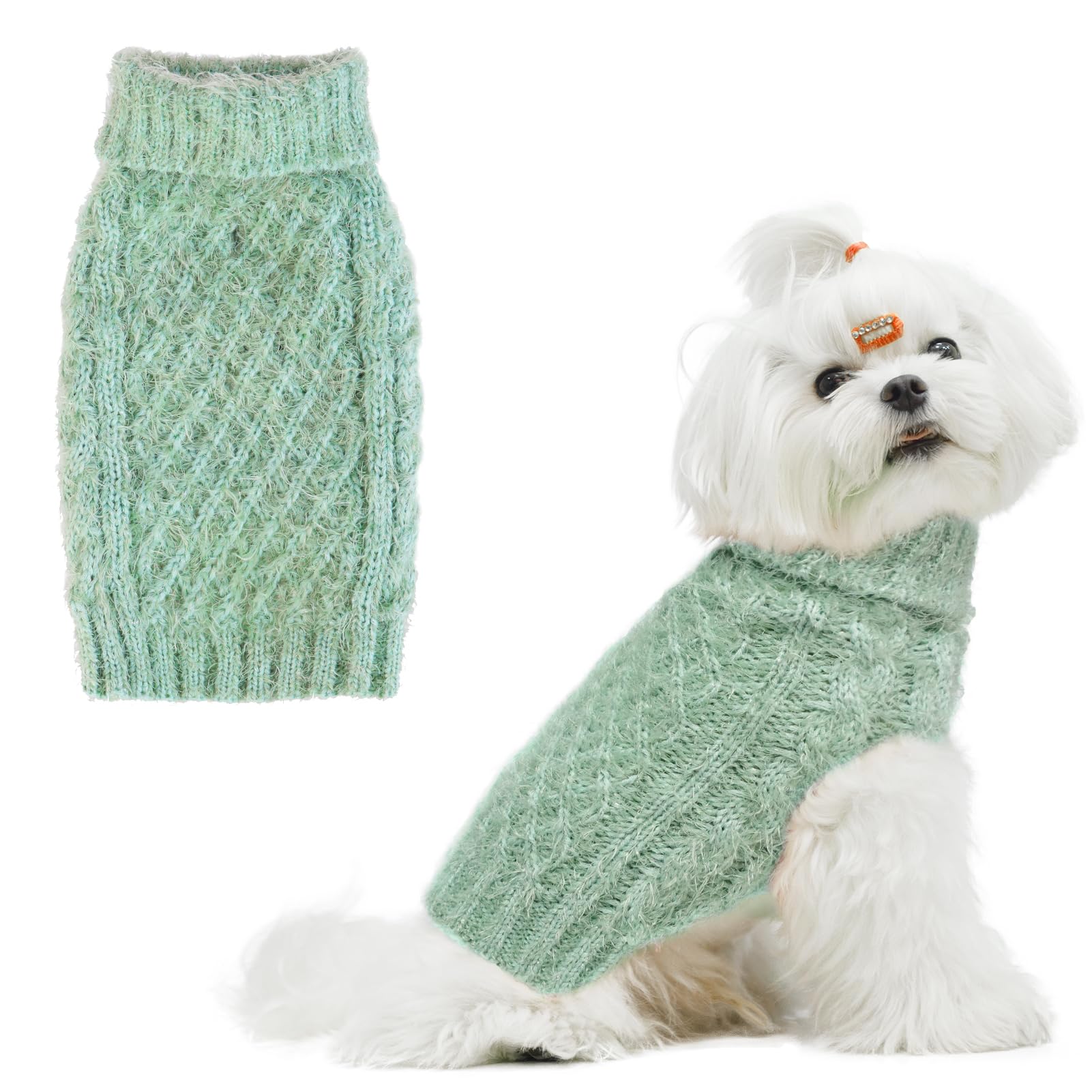 Turtleneck Small Dog Sweaters - Classic Cable Knitwear Winter Coat for Small Medium Dogs Male Female Puppy Dog Cold Weather Clothes Girls Boys, Green, M