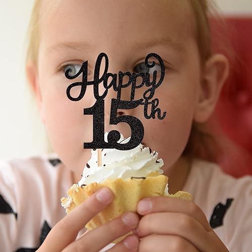 Miniatura 5 de Rsstarxi Paquete de 30 adornos para cupcakes con purpurina negra de 15 años de edad, número 15 para cumpleaños, cumpleaños, cumpleaños, aniversario,
