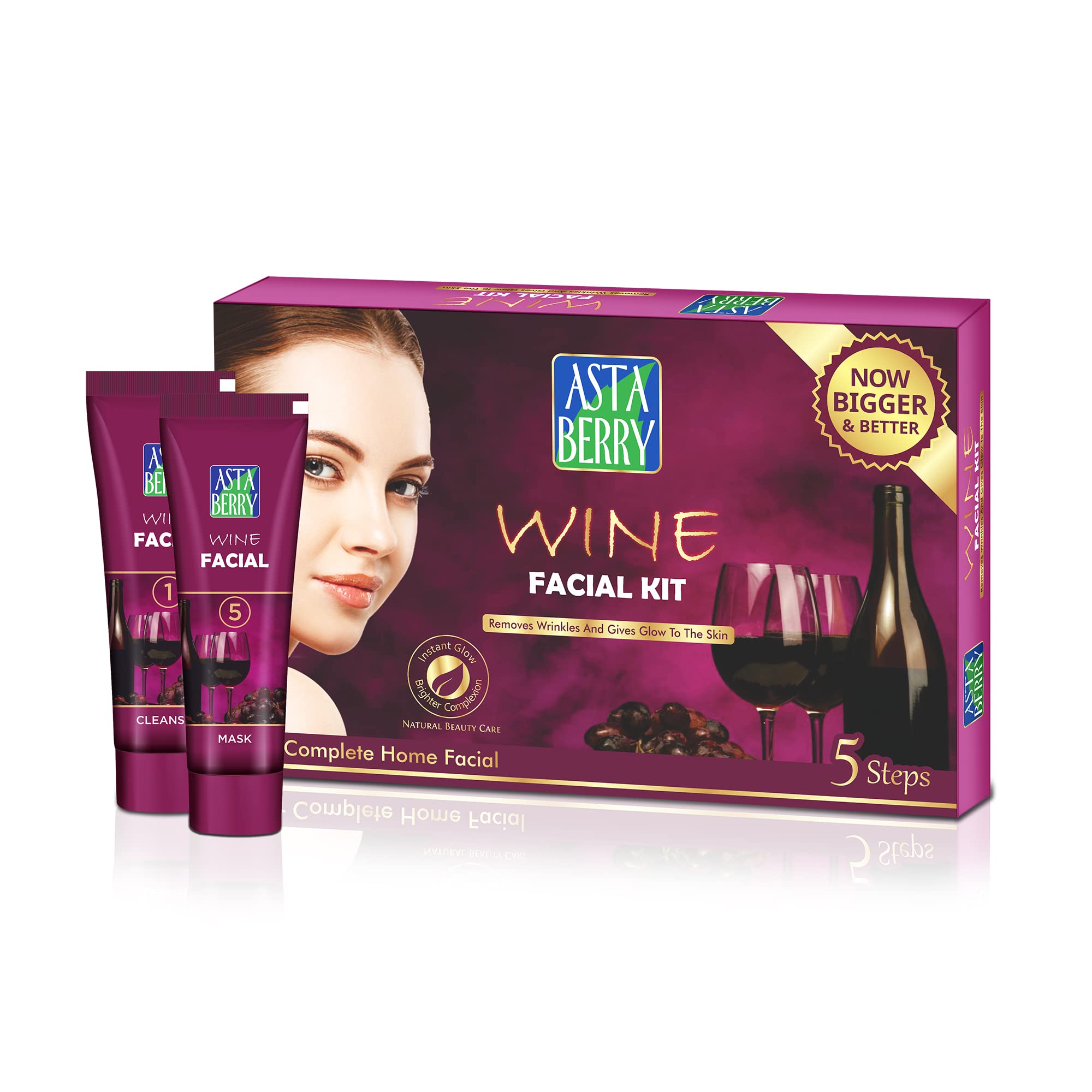 Astaberry Wine Mini Facial Kit, 5 Step for Skin Glowing | Ultimate Glow | Removes Wrinkle & Dark Spot | Restores skin nutrients | Reduced pigmentation | For Women -100 gm