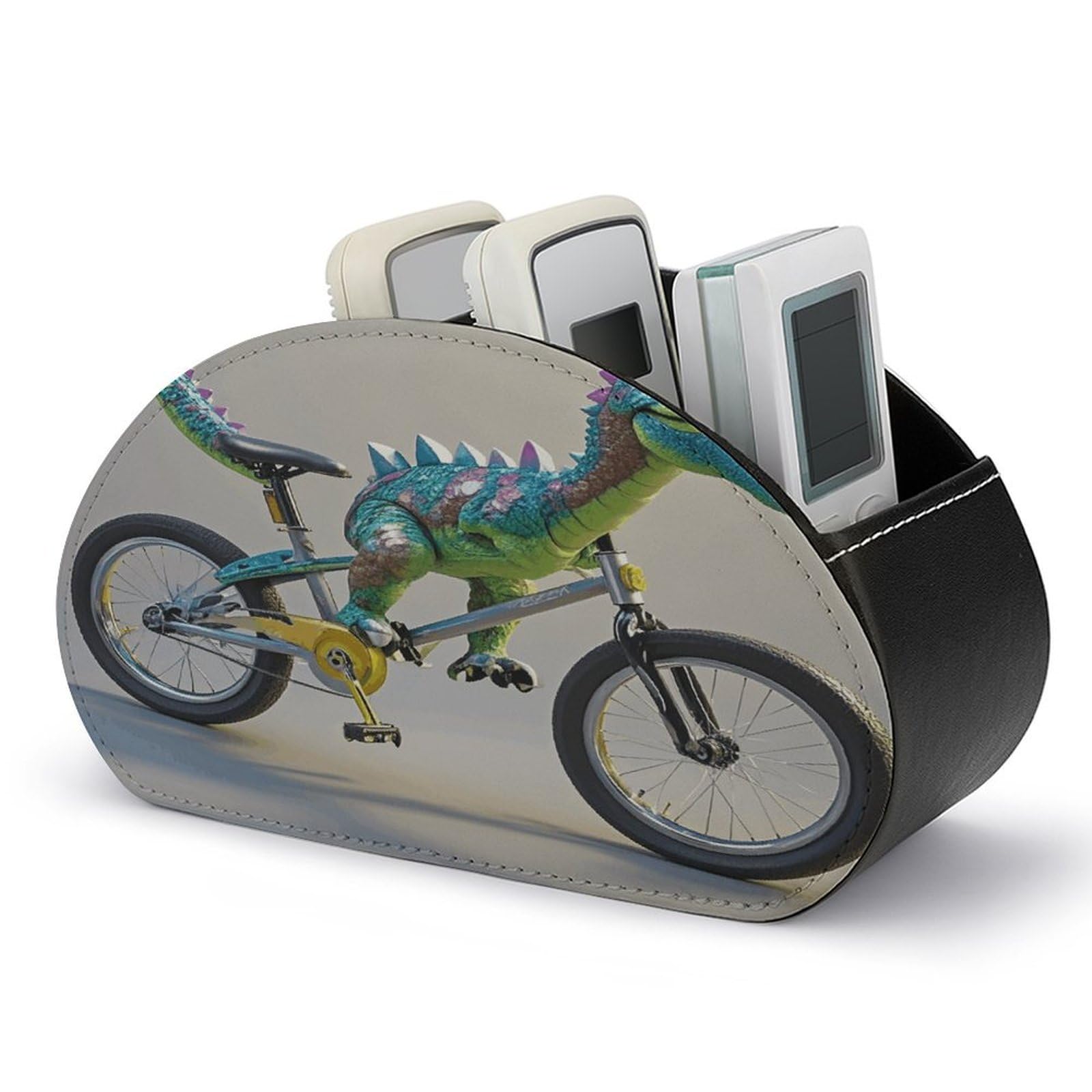 FekiLoot Dinosaur Bicycle TV Remote Control Holder with 5 Compartments Multi-functional Leather Bedside Table Remote Caddy Desktop Storage Box for Store Pen Controller Media Player Cosmetic
