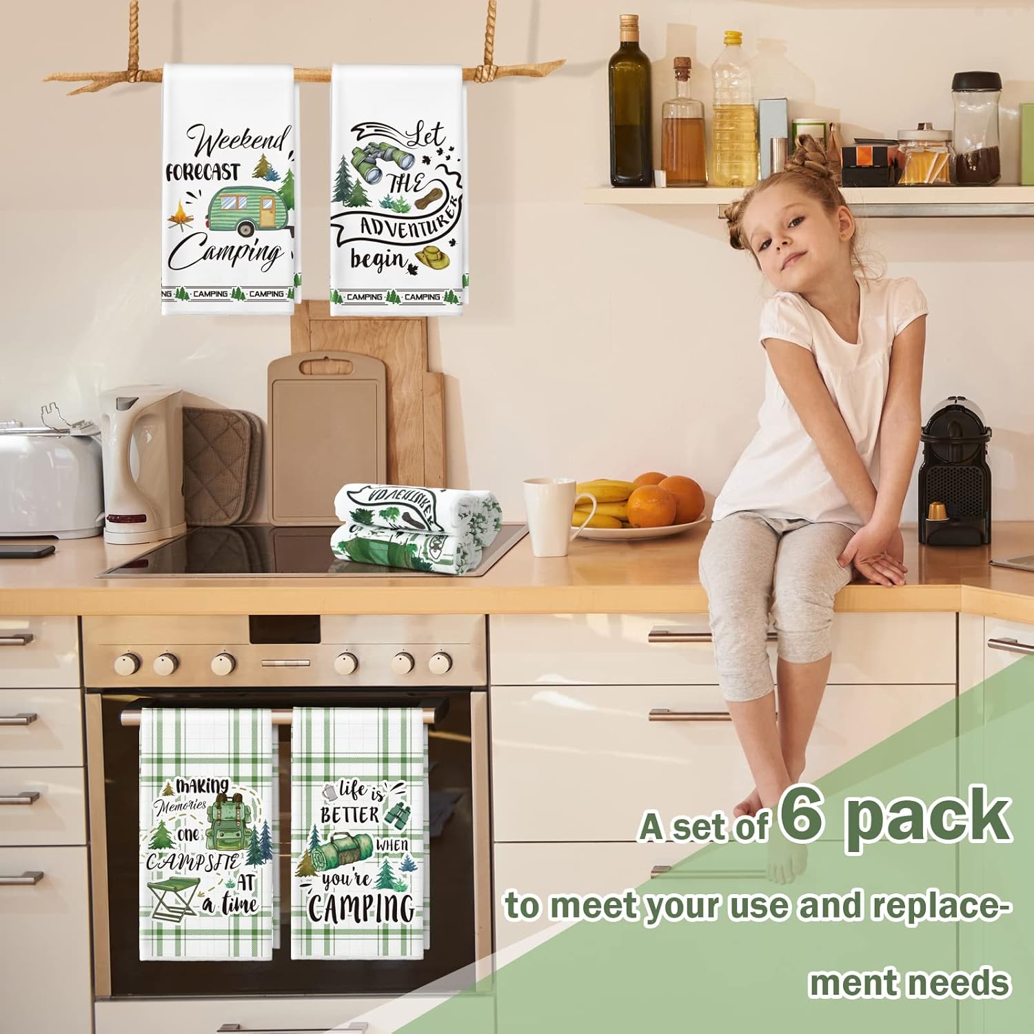 Redbaker 6 Pcs Camping Kitchen Towels Bonfire Tent Car Dishcloth Outdoors Happy Camper Hand Tea Towels Decorative Set Absorbent Camping Decor with Hanging Loop for Camper Gifts RV Accessories(White) - Image 4