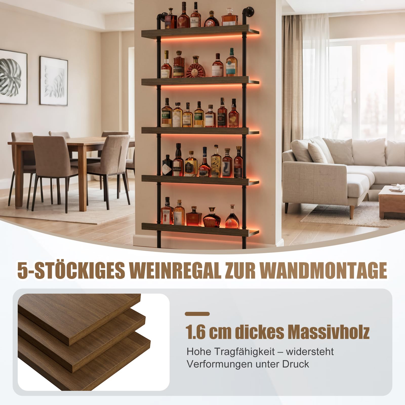 Weinregal Wand mit LED 5 Ebenen Wandmontage Wine Display-Ständer Weinregal für Die Wand aus Metall & Massivholz Wandmontierte Weinregal Bar Regal für Bars,Weinkeller,Küche,Restaurants 20x100x180CM