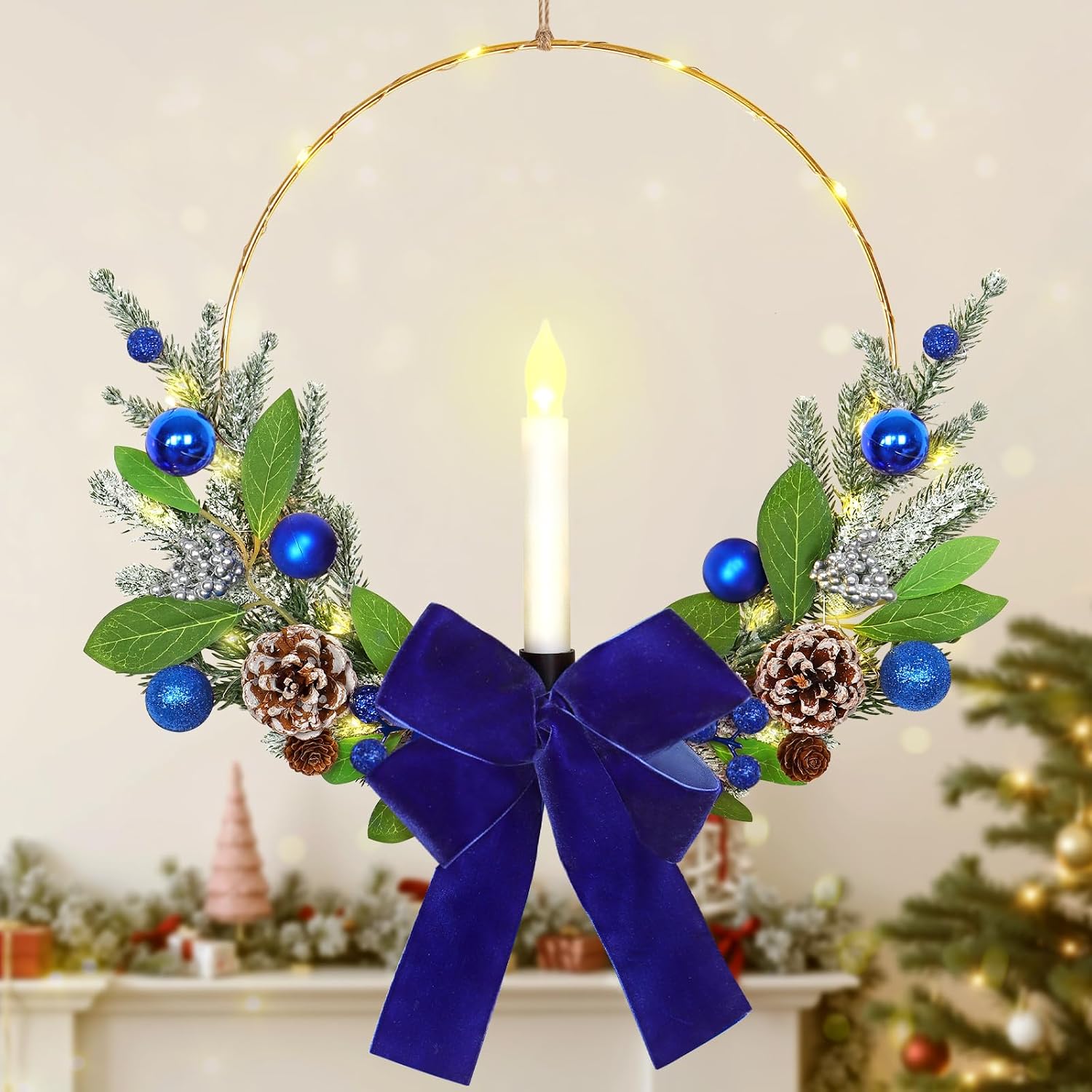 TOCHGREEN Christmas Wreath with Taper Candle Lights for Front Door Artificial Christmas Hoop Wreaths Outdoor Prelit Winter Wreath for Farmhouse Xmas Holiday Porch Fireplace Window Decorations