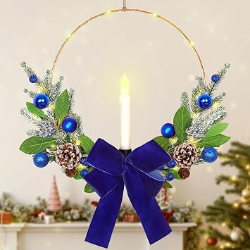 TOCHGREEN Christmas Wreath with Taper Candle Lights for Front Door Artificial Christmas Hoop Wreaths Outdoor Prelit Winter Wreath for Farmhouse Xmas Holiday Porch Fireplace Window Decorations