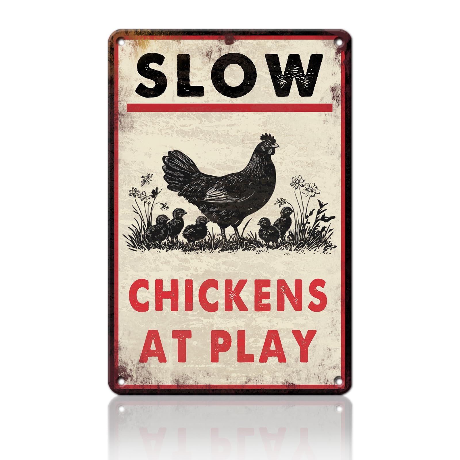 Anceky Funny Sign Slow Chickens at Play Warning Metal Tin Sign Retro Wall Decor for Yard Outside Outdoor Garden Home 12×16 Inch